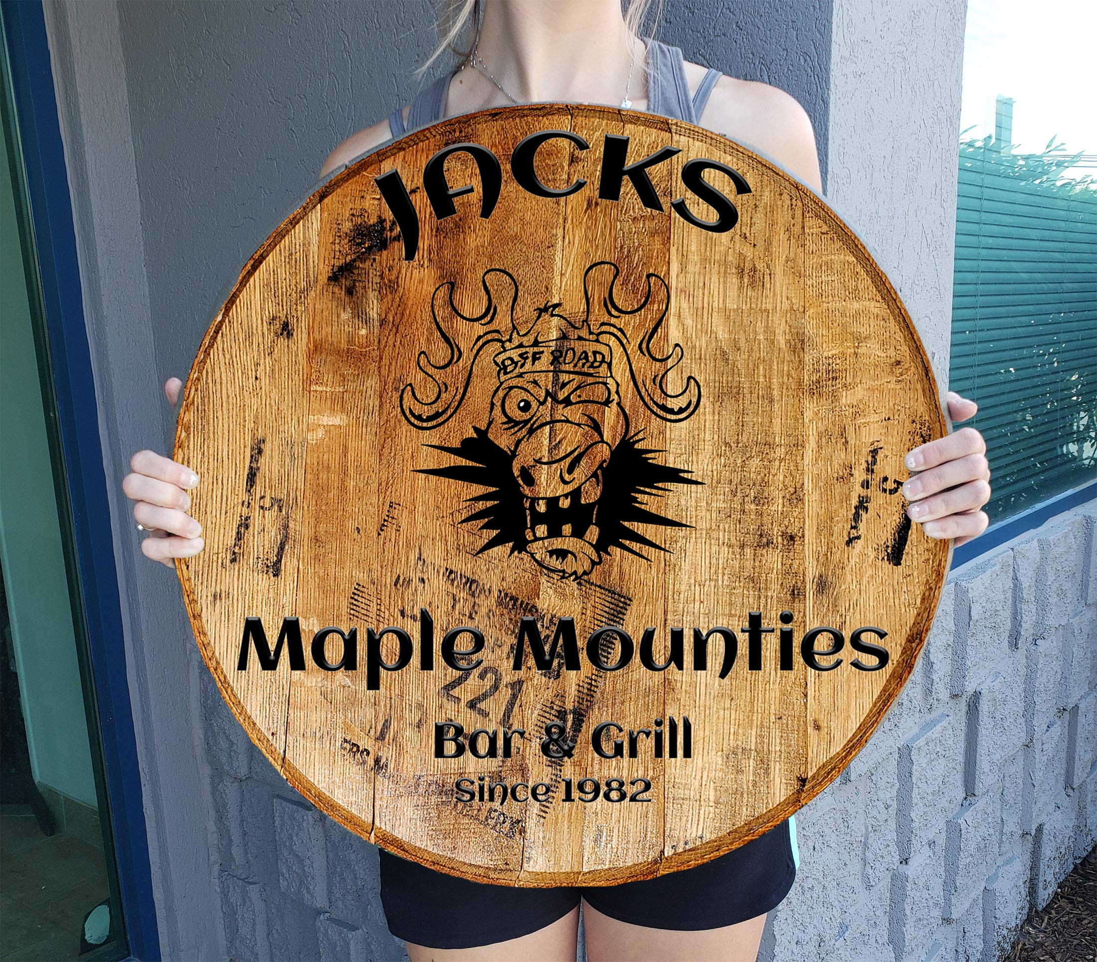 Funny Moose Deer Barrel Head Sign - Natural Wood Brown 22 Inch Rustic Wall Decor for Man Cave, Hunting Lodge, or Cabin - Perfect Gift for Outdoorsmen & Wildlife Lovers