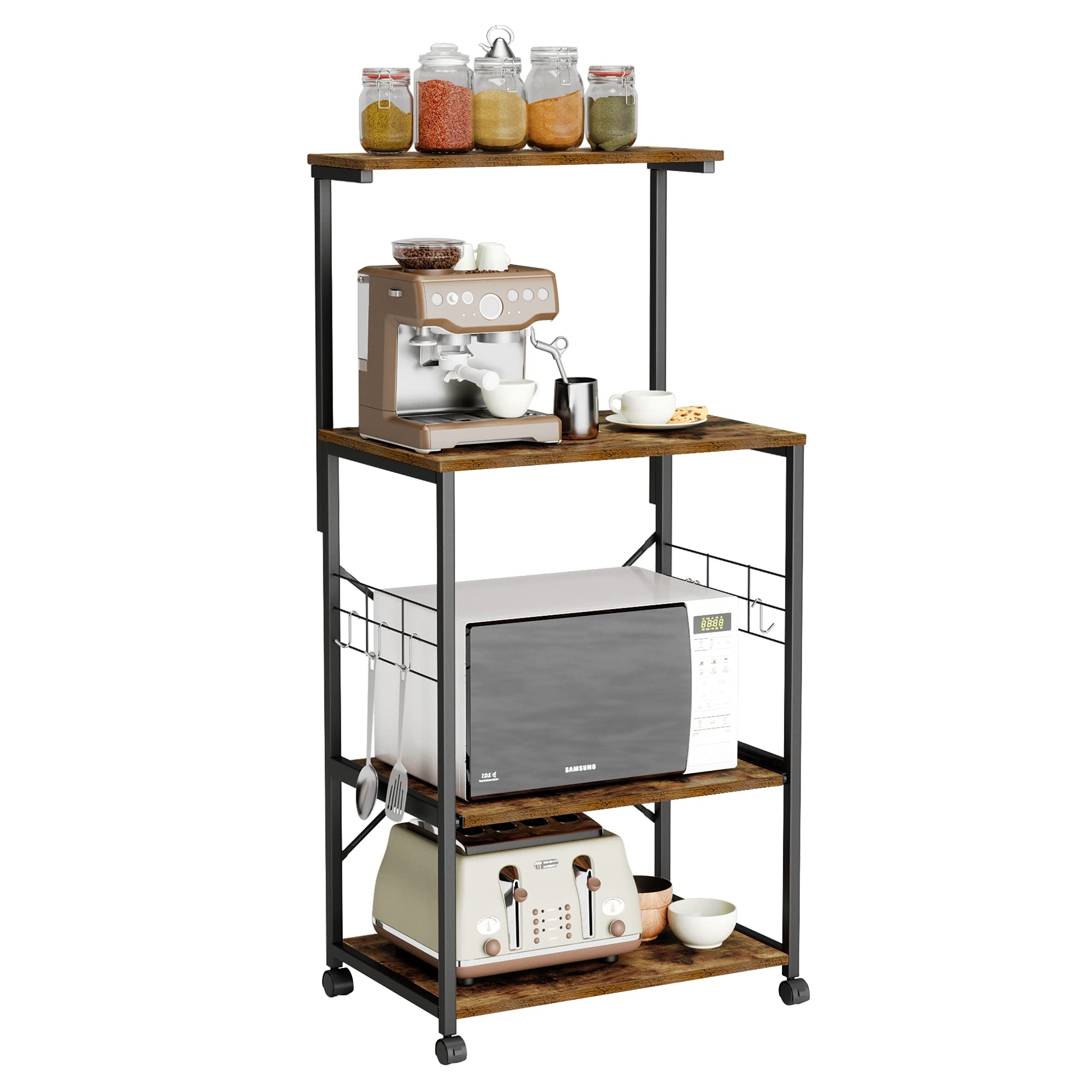 Bestier Kitchen Bakers Rack with Microwave Stand - 3-Tier Rolling Utility Cart with 10 Hooks & Adjustable Feet - Space-Saving Storage Shelf for Small Kitchens, Pantry Organization & Baking Supplies Storage