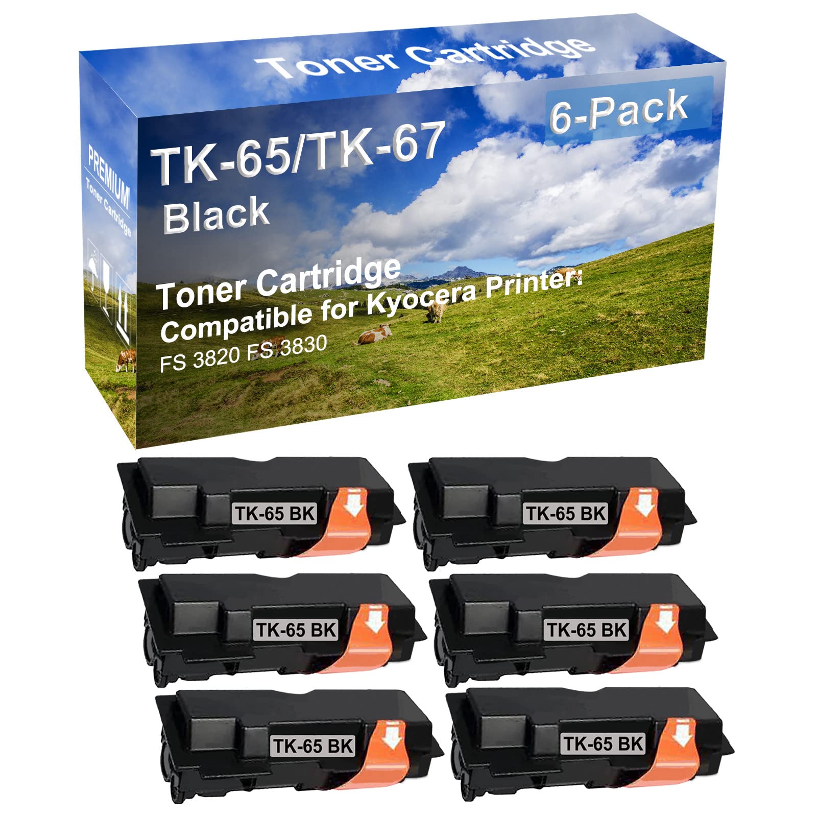 6-Pack High Capacity TK65/TK67 Compatible Toner Cartridge for Kyocera FS-3820 FS-3830 Printers - Black Ink Replacement for Office & Home Printing Needs