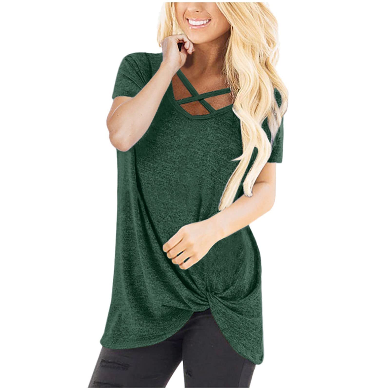 Criss Cross V Neck T-Shirts for Women - Summer Short Sleeve Workout & Yoga Tops - Trendy Twist Knot Design - Comfortable Camisa for Gym, Running, and Casual Wear