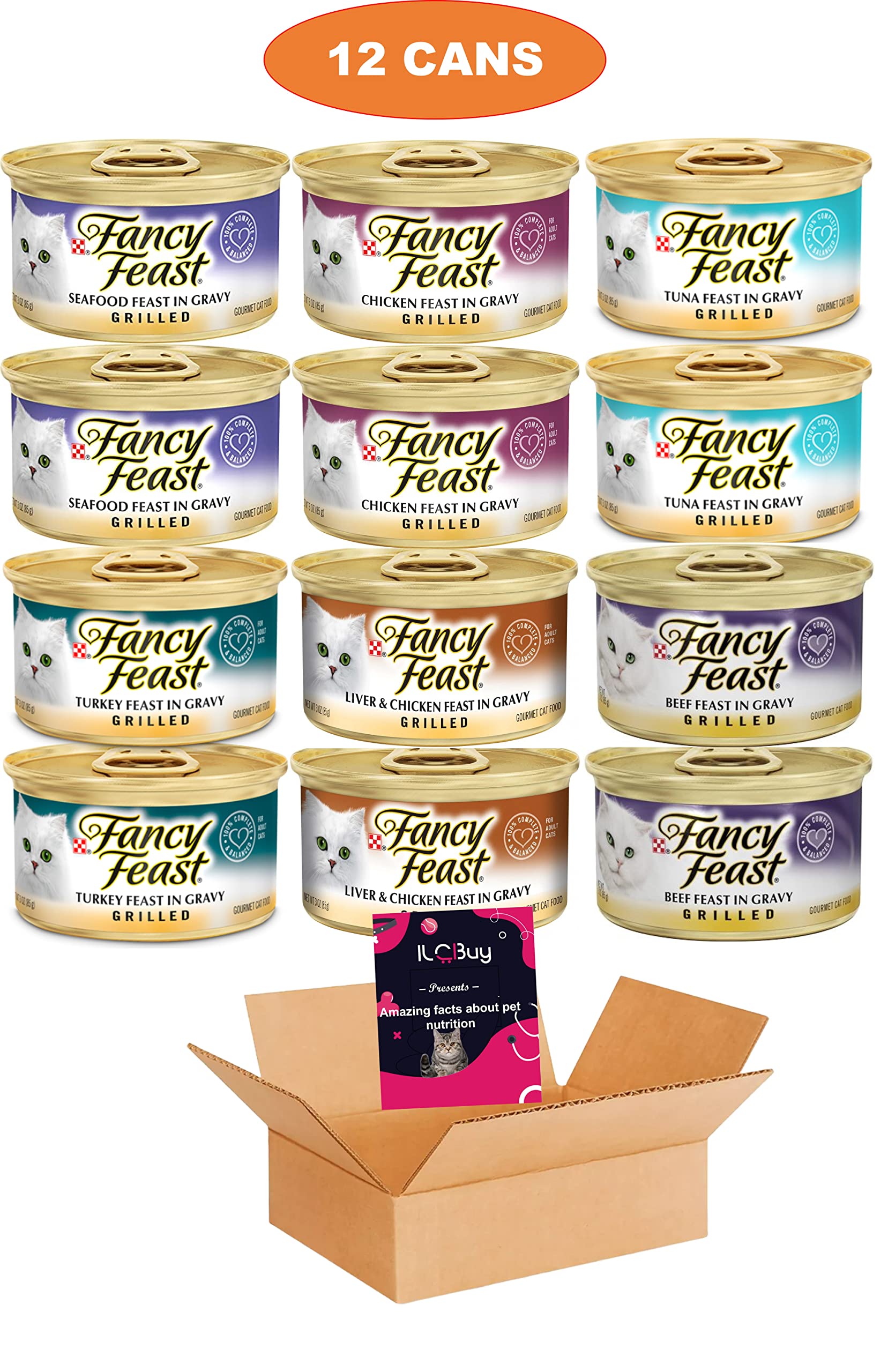 Premium Grilled Wet Canned Cat Food Variety Pack - 12 Cans (2 Seafood, 2 Chicken, 2 Tuna, 2 Turkey, 2 Liver & Chicken, 2 Beef) with Free Nutrition Guide - Perfect for Adult Cats' Daily Meals, Travel & Emergency Food Supply