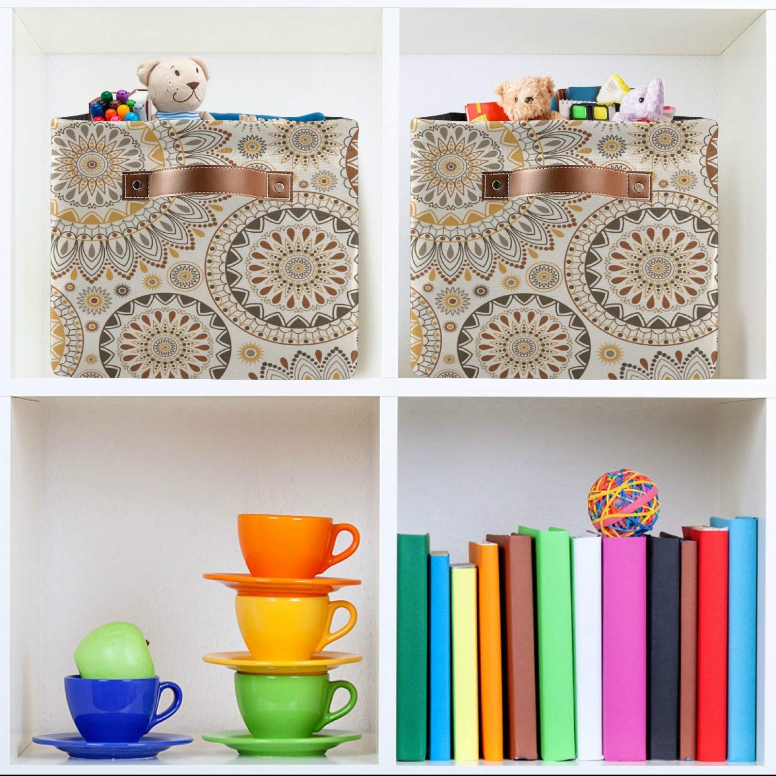 Large Foldable Storage Bins - Eastern Mandala Fabric Collapsible Organizing Baskets with PU Handles (2-Pack) | Perfect for Shelves, Closet, Bedroom & Living Room Organization