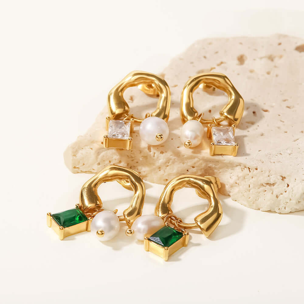 18K Gold Pearl Baguette Huggie Hoop Earrings for Women | Elegant Dainty Pearl Stud Earrings | Perfect for Weddings, Parties & Everyday Wear (JDE251)