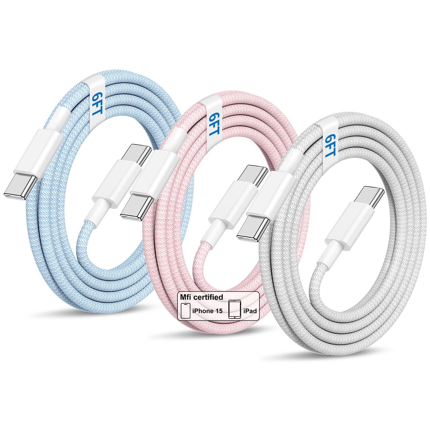6ft USB C to USB C Cable 3-Pack 60W Fast Charging Braided Cable for iPhone 16/15/15 Pro/15 Pro Max/15 Plus, iPad Pro/Air 4/5/Mini 6, MacBook Air - Durable Charging Cord for Home, Office & Travel