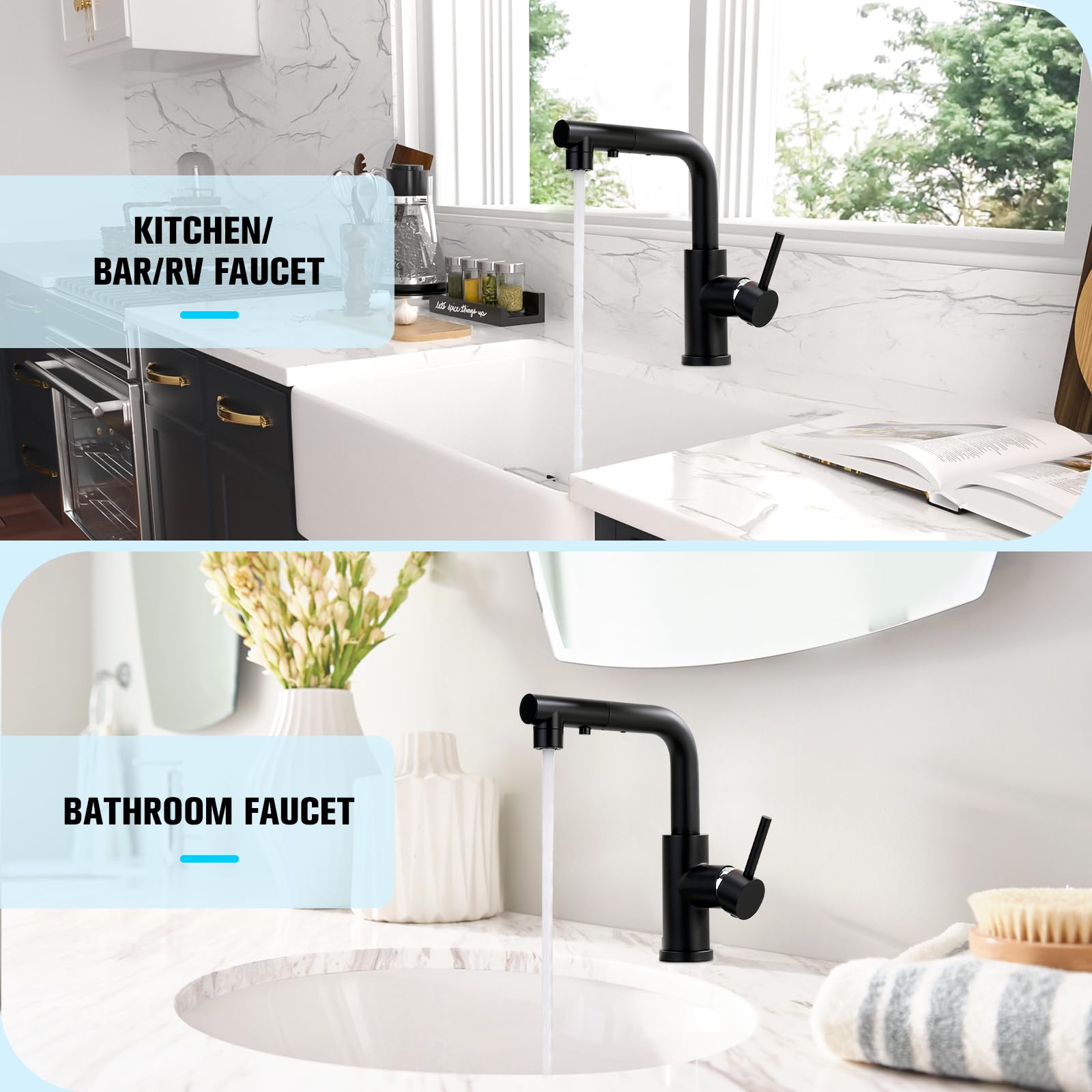 CREA Black Pull-Out Kitchen Sink Faucet with 360° Swivel & 4-Inch Deck Plate - Compact Prep Faucet for Small Kitchens, Bar Sinks, and RV Use