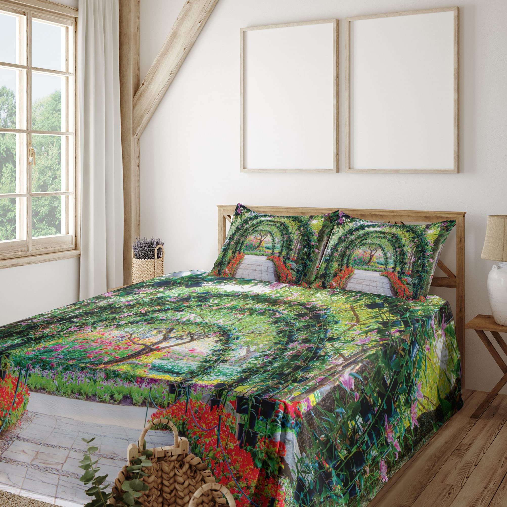 Ambesonne 4-Piece King Size Floral Garden Bedding Set - Fitted Sheet, Flat Sheet & Pillowcases with Romantic Flower Arches Pathway Design in Green & Red | Perfect for Master Bedroom, Guest Room & Bohemian Home Decor