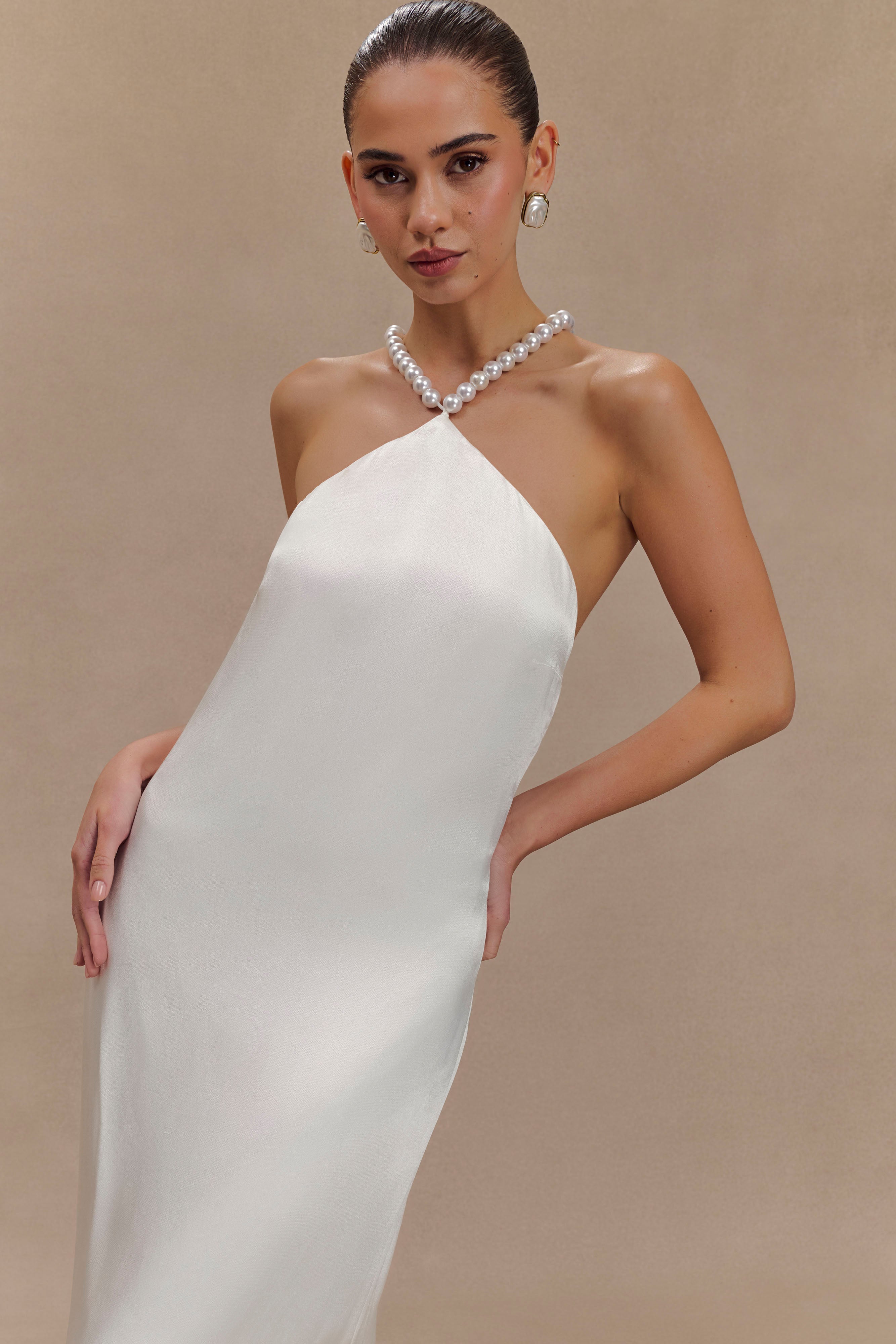 Elegant Blanche Satin Pearl Halter Maxi Dress in White | Formal Evening Gown for Weddings, Prom & Special Occasions
