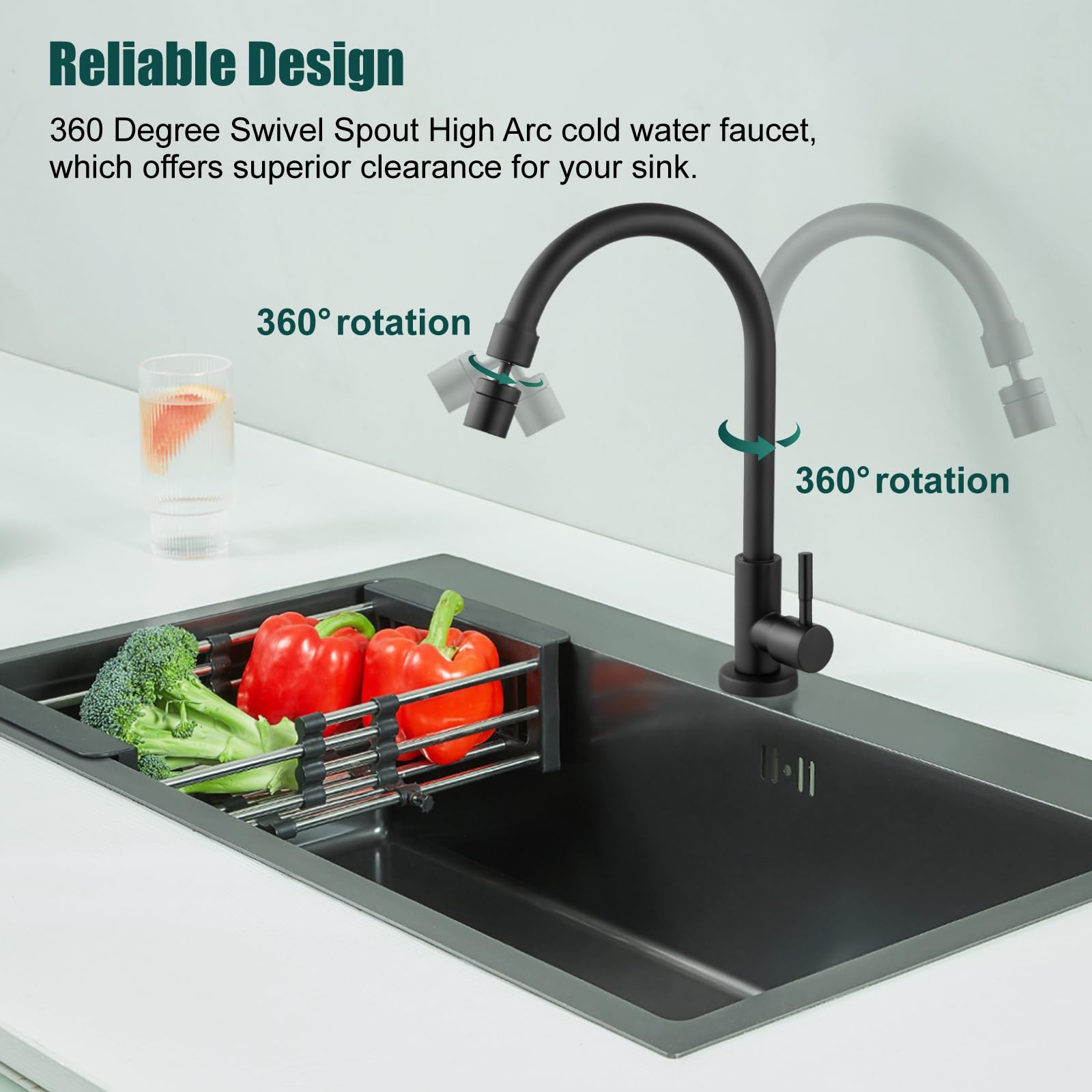 360° Swivel Matte Black High Arc Kitchen Faucet - Cold Water Only, Brass Goose Neck Sink Tap for Modern Home & Restaurant Use