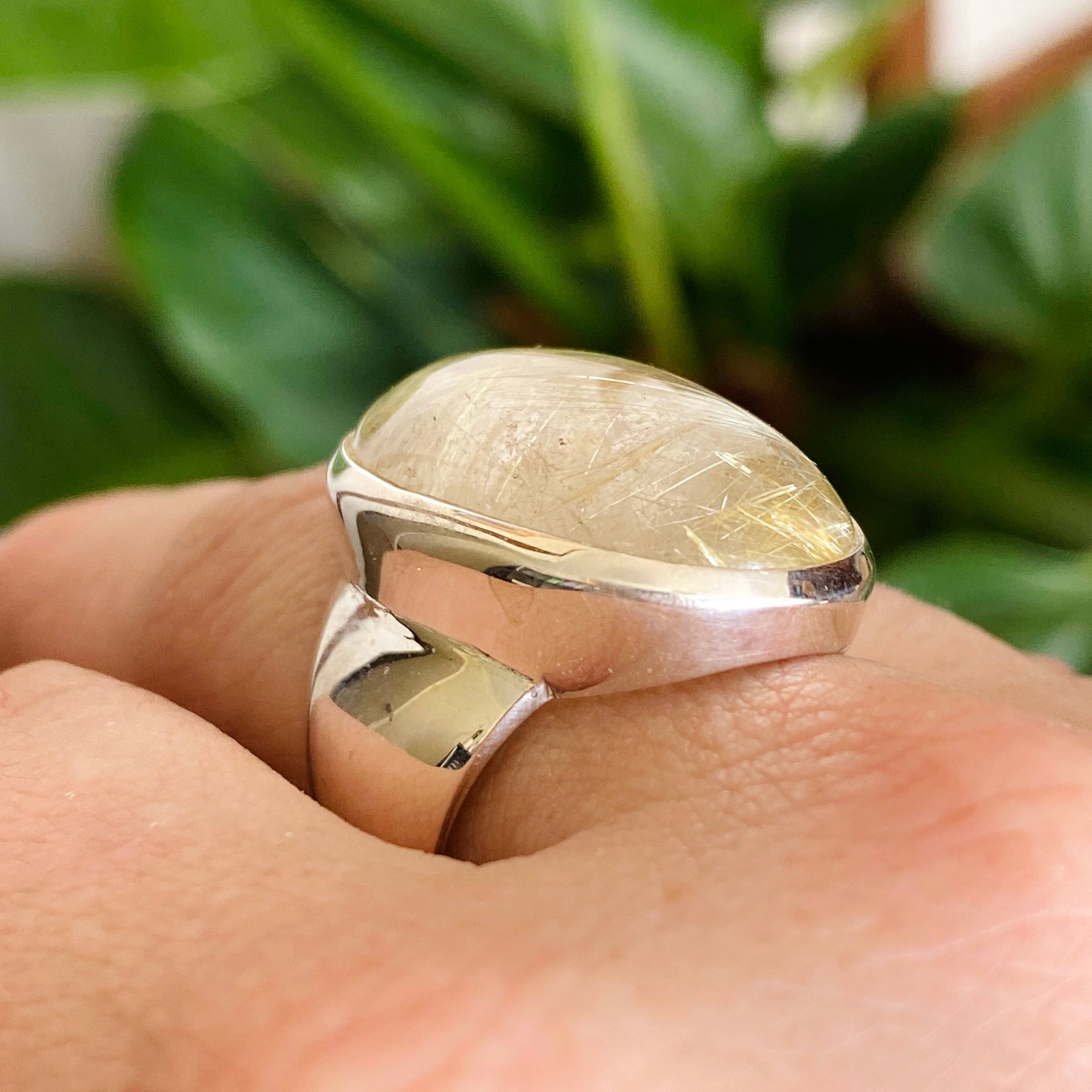 Rutilated Quartz Oval Cabochon Ring - Size 10 - 925 Sterling Silver - Handmade Boho Jewelry - Perfect for Meditation, Energy Healing & Spiritual Gifts