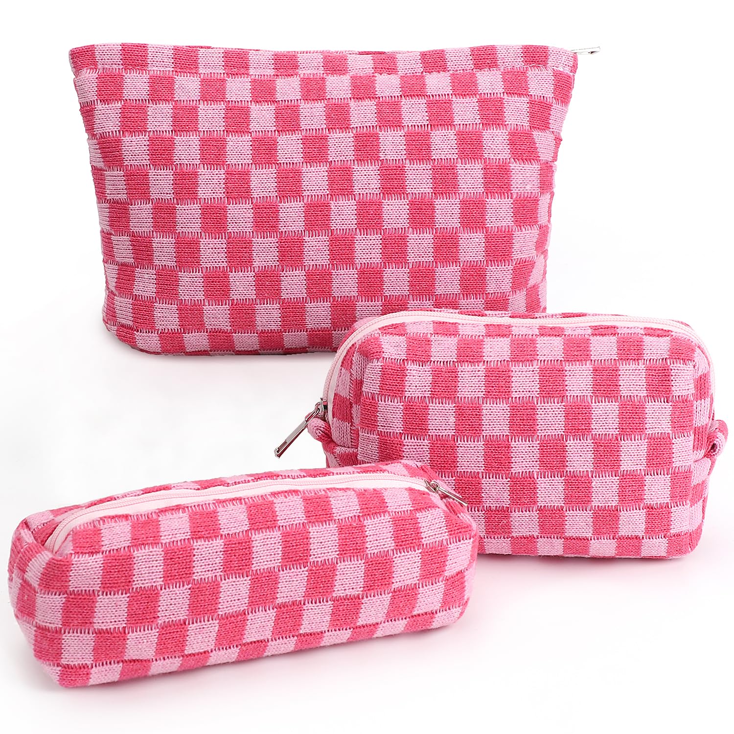 3-Piece Checkered Makeup Bag Set for Women & Girls - Large Capacity Cosmetic Organizer, Travel Toiletry Pouch, Bathroom Storage (Rose Red) | Perfect for Travel, Gym, Daily Use & Gift Giving