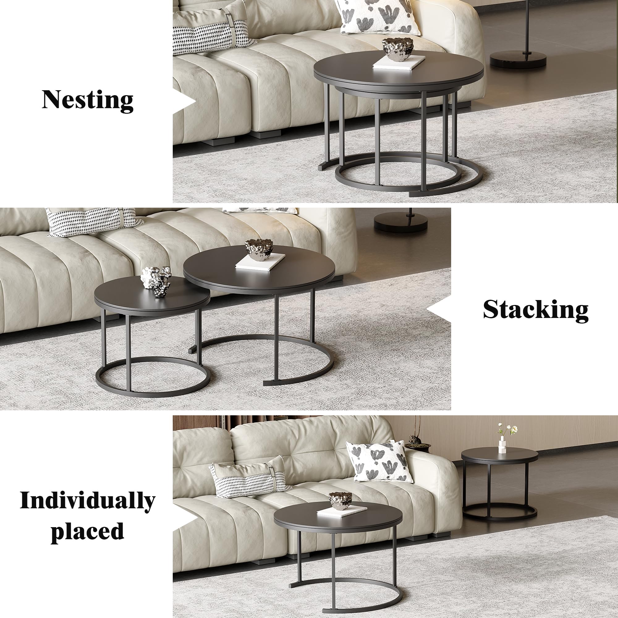 Modern Round Nesting Coffee Table Set of 2 - Black Sintered Stone Top with Sturdy Metal Frame - Living Room Center Table for Small Spaces | Perfect for Apartments, Condos & Cozy Home Decor