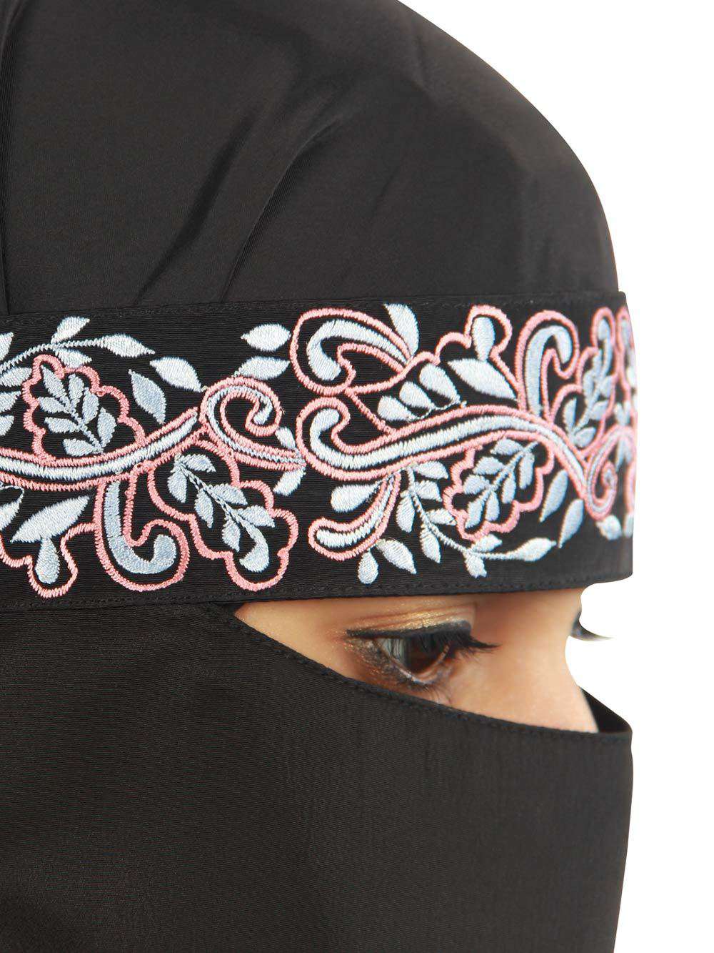 Aqeelah Black Crepe Embroidered Niqab - Islamic Face Veil for Women | Modest Muslim Hijab Accessory | Perfect for Prayer, Ramadan, and Special Occasions