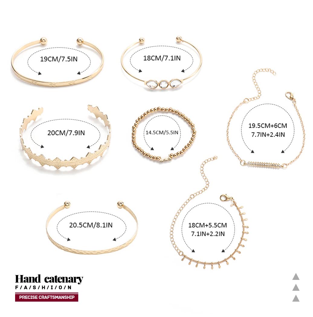 Boho Gold Cuff Bangles Bracelets Set - Stackable Layered Chain Bracelet with Rhinestones for Women (7Pcs) - Perfect for Casual Wear, Parties, and Boho Fashion Accessories