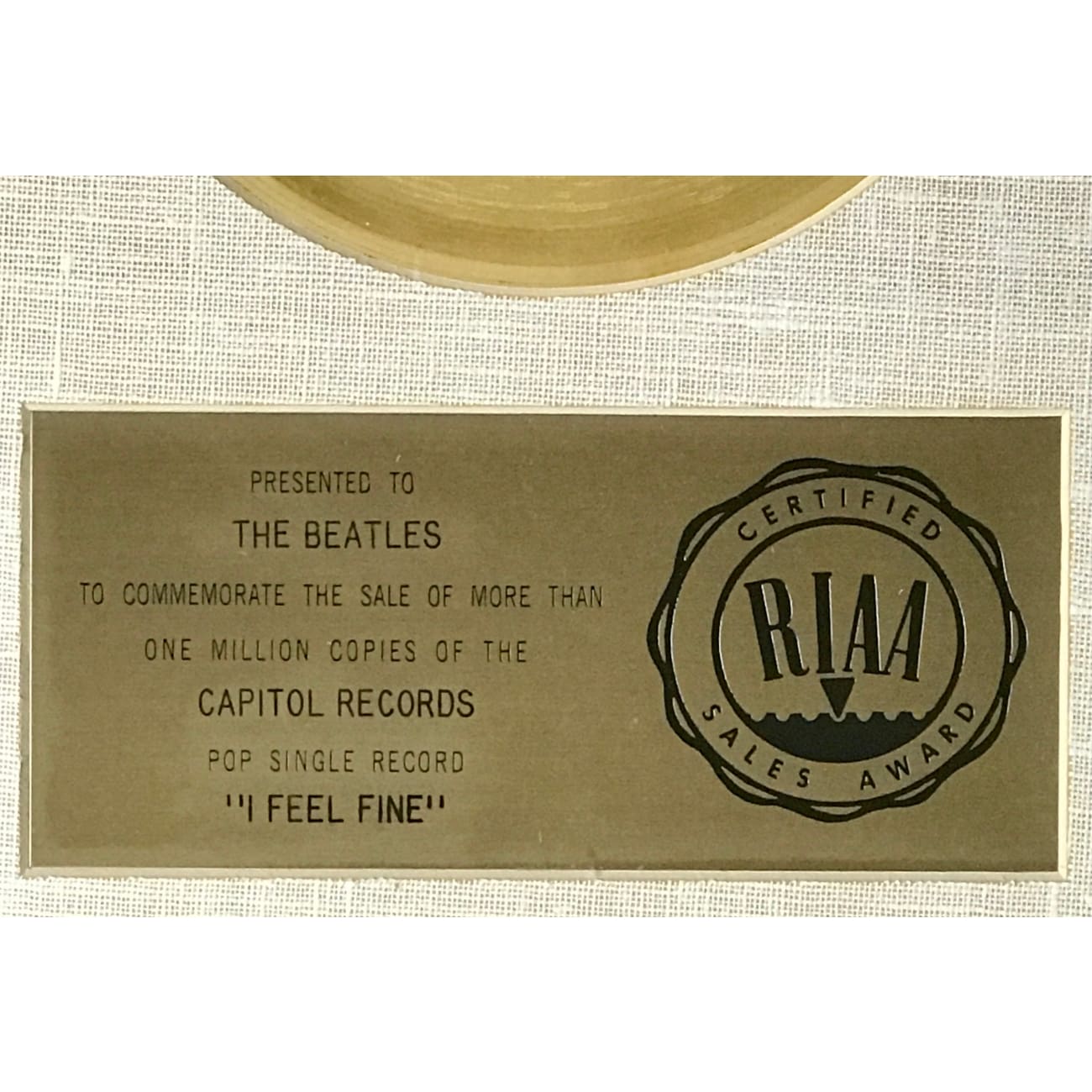 The Beatles I Feel Fine RIAA Gold 45 Award - Rare Collectible Music Memorabilia - Perfect for Beatles Fans & Music Collectors - Display in Home, Office or Music Room