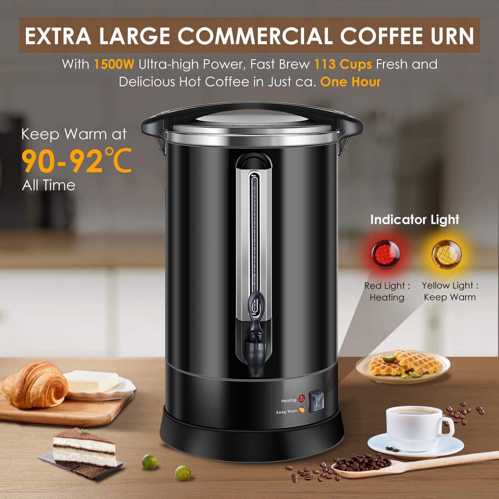 Commercial Stainless Steel Coffee Urn - 100 Cup (14.2L) Large Electric Coffee Dispenser with Double Wall Insulation for Quick Brewing | Perfect for Catering, Restaurants, Offices & Events | Hot Water Dispenser (Black)