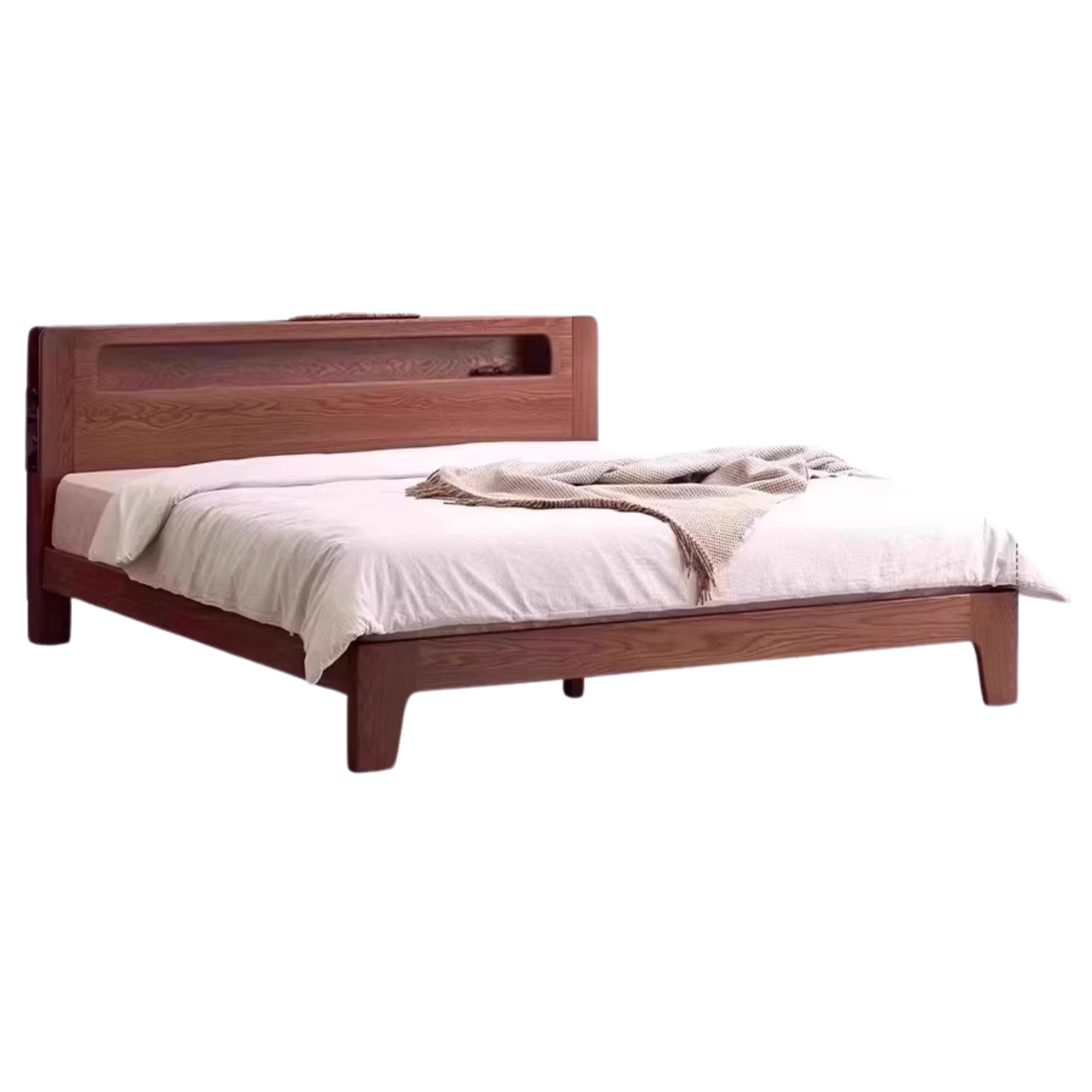 Solid Oak and Beech Wood Bed with Built-in LED Lights and Bookshelf - Modern Bedroom Furniture for Small Spaces, Lofts, and Studio Apartments