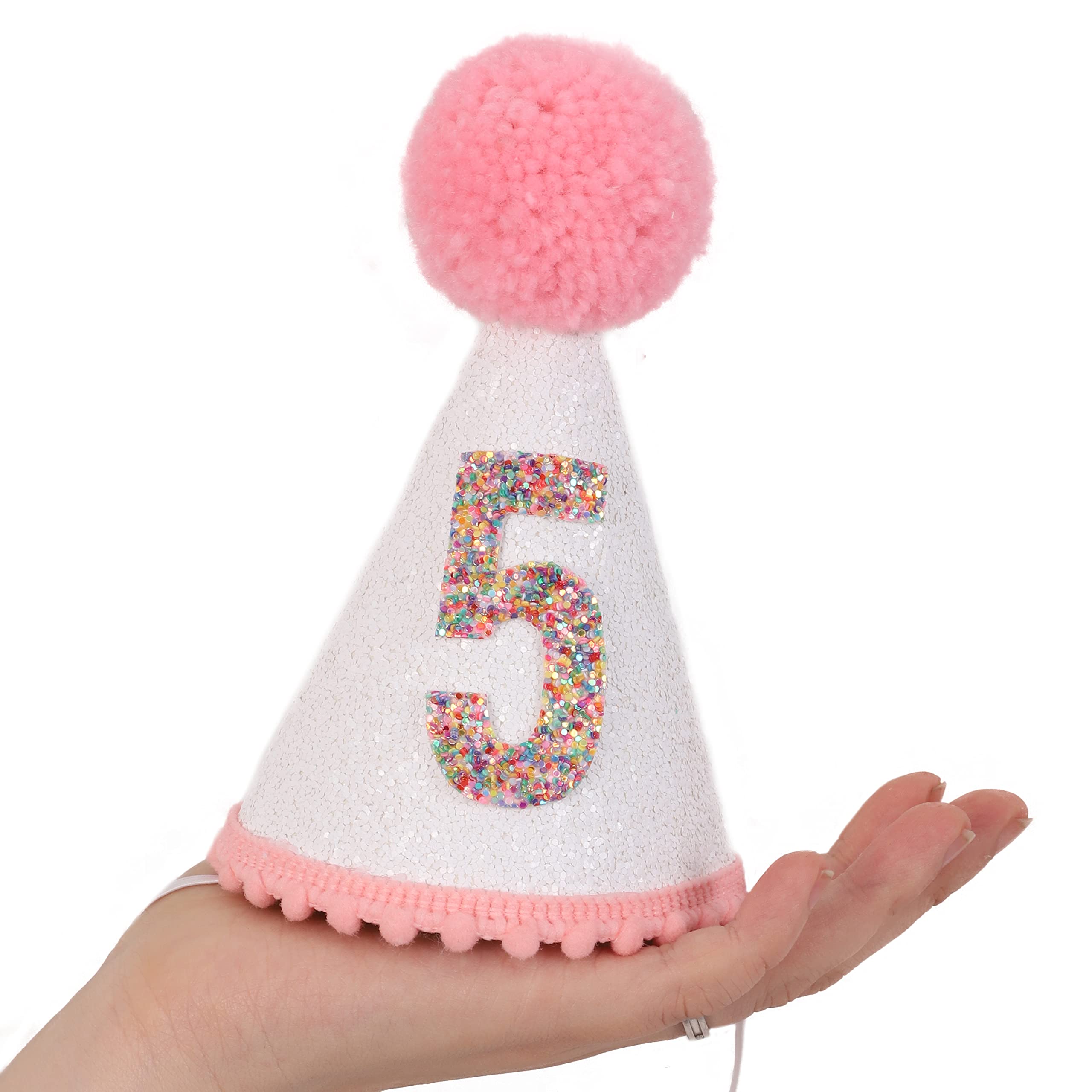 Sparkly Pink Glitter Birthday Hat with Pom Topper for Girls - Cute Party Accessories for Birthday Celebrations, Photo Booths & Princess Themed Events