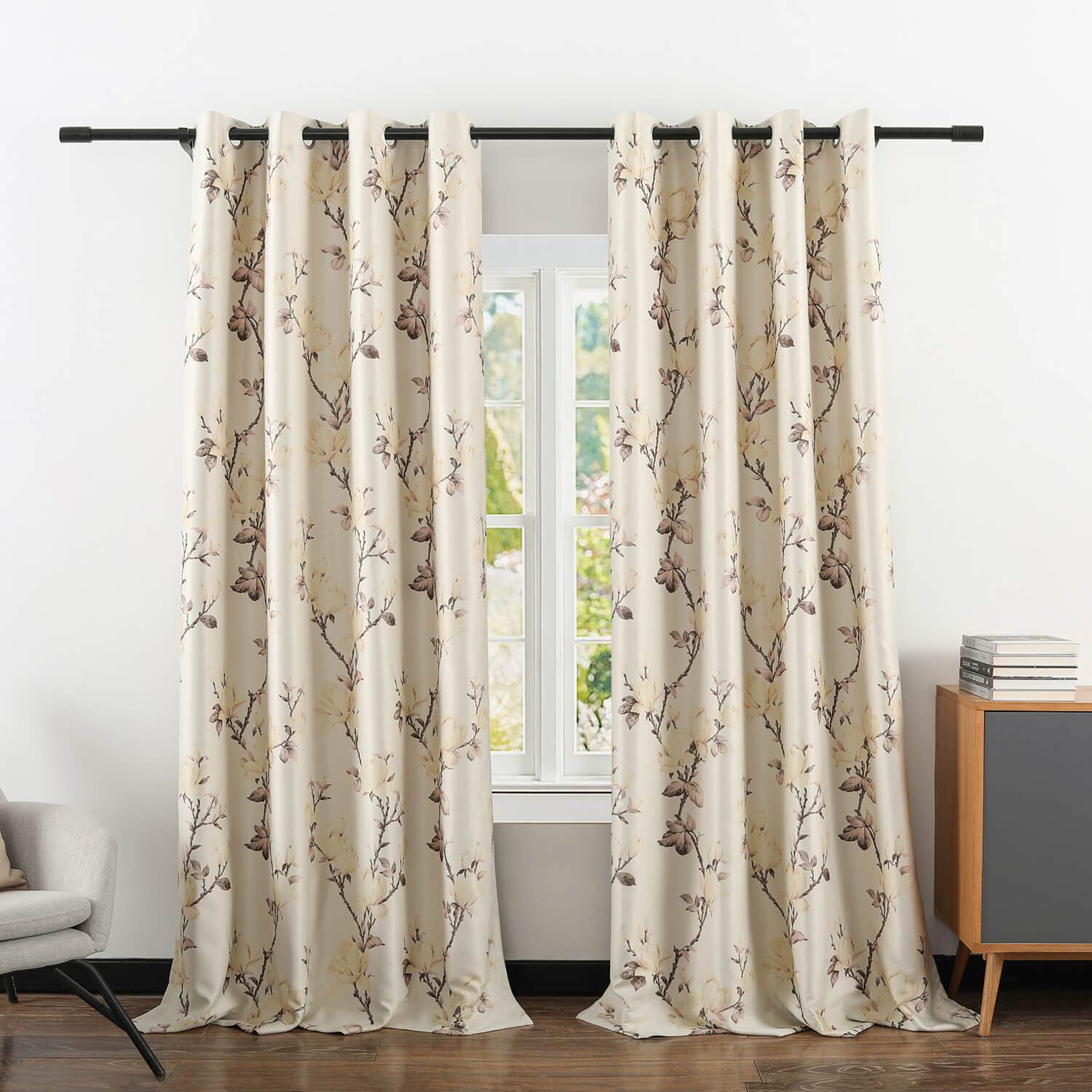 VOGOL Blackout Curtains 52x84 Inch - Thermal Insulated Room Darkening Window Drapes with Magnolia Flower Print for Living Room & Bedroom (Set of 2 Panels) - Perfect for Home Decor, Light Blocking & Energy Saving
