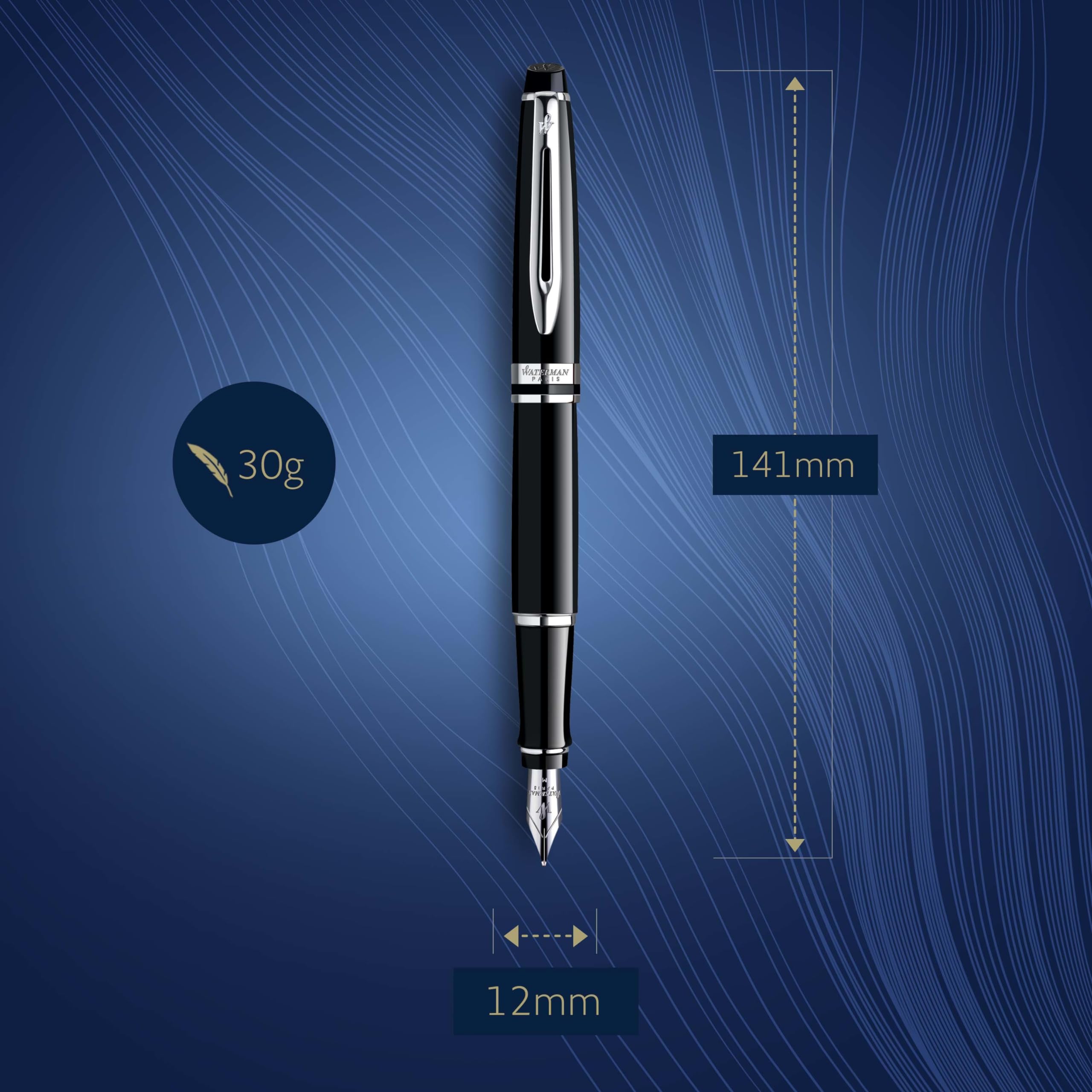 Waterman Expert Fountain Pen - Gloss Black with Chrome Trim, Medium Nib & Blue Ink Cartridge - Premium Gift Box for Writing Enthusiasts | Perfect for Business Signatures, Journaling & Elegant Gifts