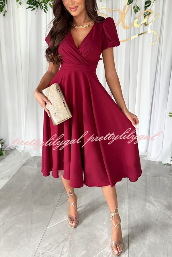 Zayla Women's Solid Color Puff Sleeve V-Neck Waist Slim Fit Midi Dress - Elegant Party, Wedding Guest & Office Wear