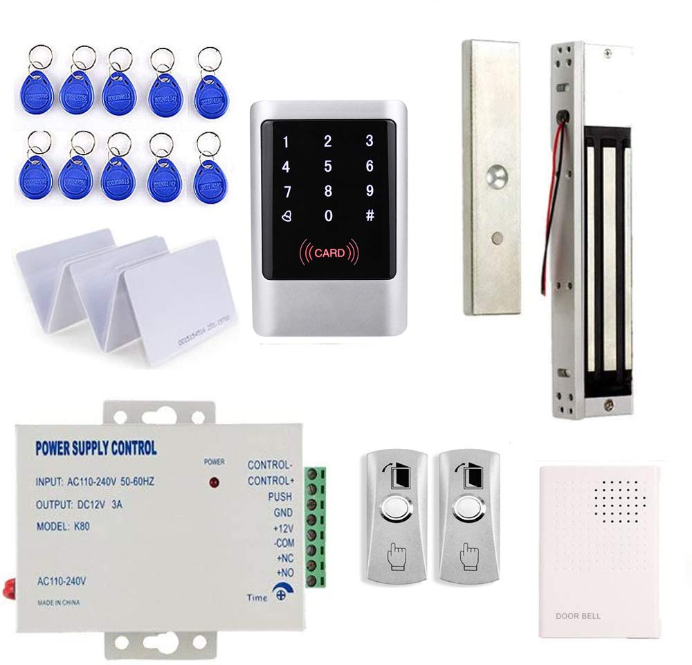 Smart Door Entry System with RFID Keypad Reader & Electromagnetic Lock (Waterproof) - 110V Power Supply, 2 Exit Buttons, Doorbell & RFID Keychains/Cards - Remote Access for Receptionists | Secure Office, Apartment & Commercial Building Access Control