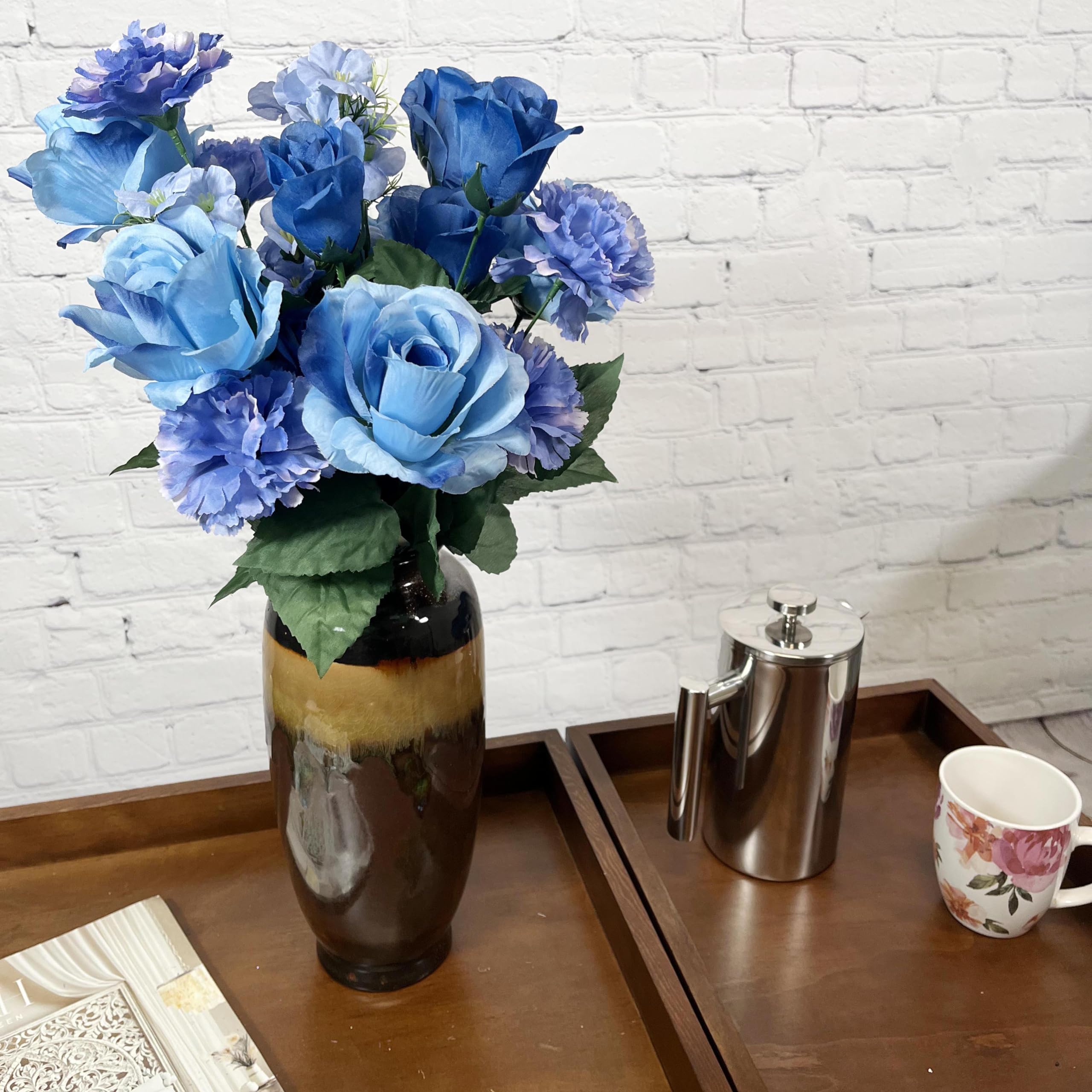 24 Stem Artificial Flowers Roses & Carnations Mixed Bouquet - Faux Floral Arrangement for Indoor Wedding, Home Decor, Spring Centerpiece, and Cemetery Grave Decorations - Blue