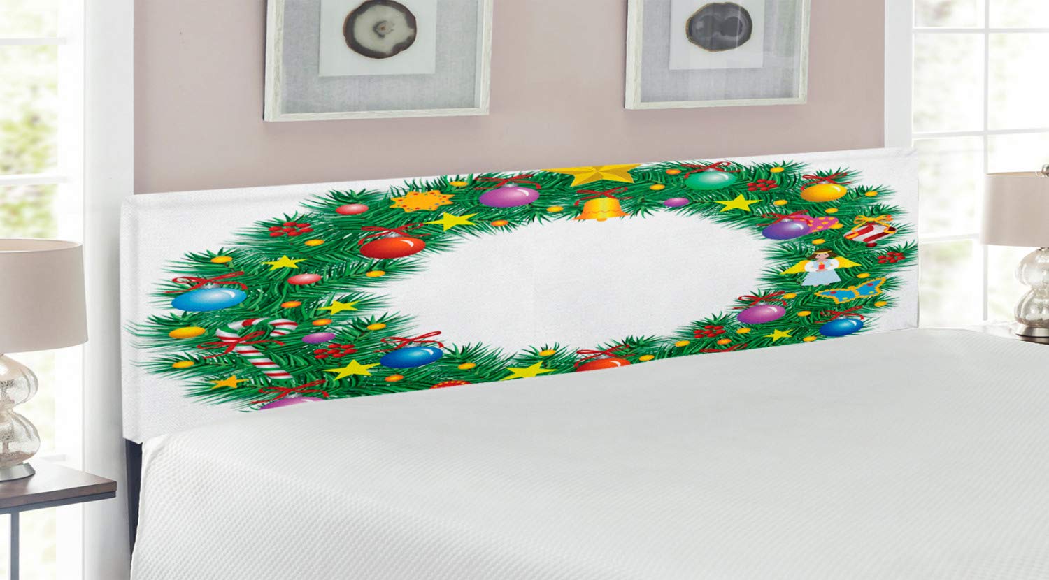Ambesonne Letter O Upholstered Headboard - King Size Decorative Metal Bed Frame with Memory Foam, Christmas Wreath Design & Celebratory Elements in Multicolor | Perfect for Holiday Bedroom Decor & Themed Guest Rooms