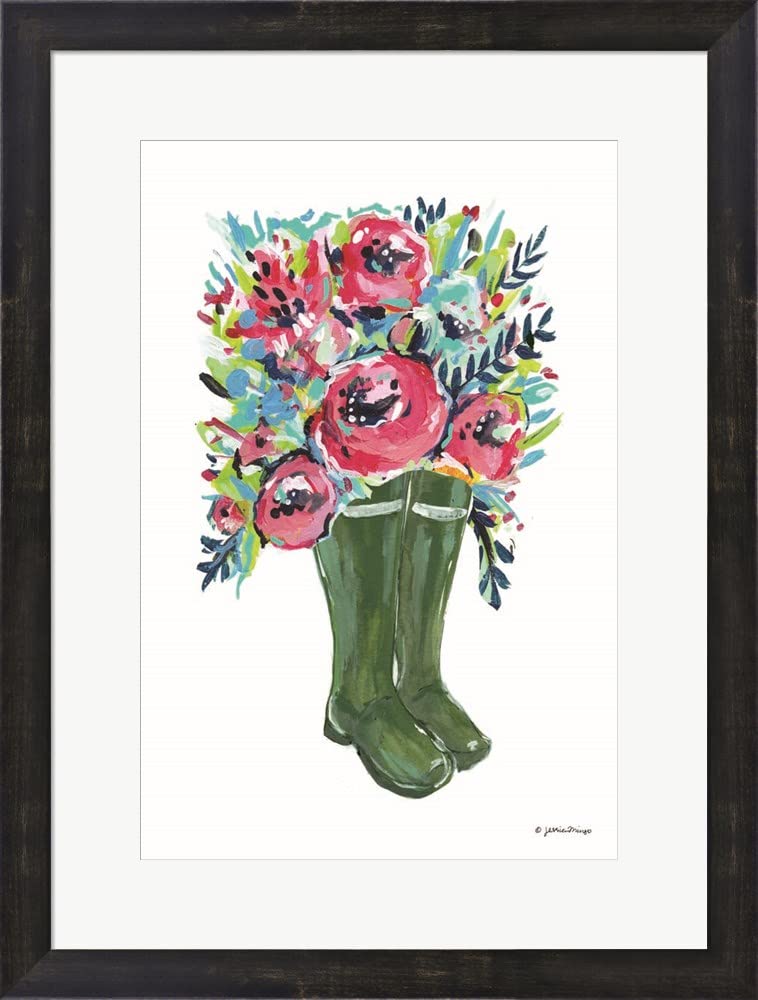 Jessica Mingo Framed Art Print - Rainboots and Ranunculus Wall Decor in Espresso Brown Frame, 19x25 Inches - Perfect for Living Room, Bedroom, or Office