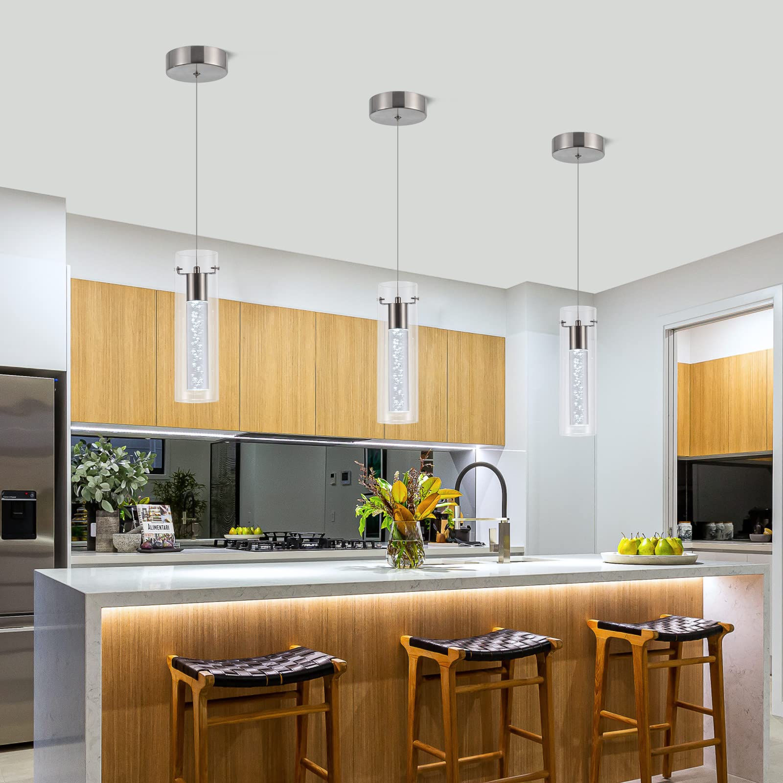 3 Pack Brushed Nickel Pendant Lights - 24W 2100 Lumen 6000K LED Island Lighting for Kitchen, Dining Room & Restaurant | Modern Hanging Fixtures for Home & Commercial Spaces