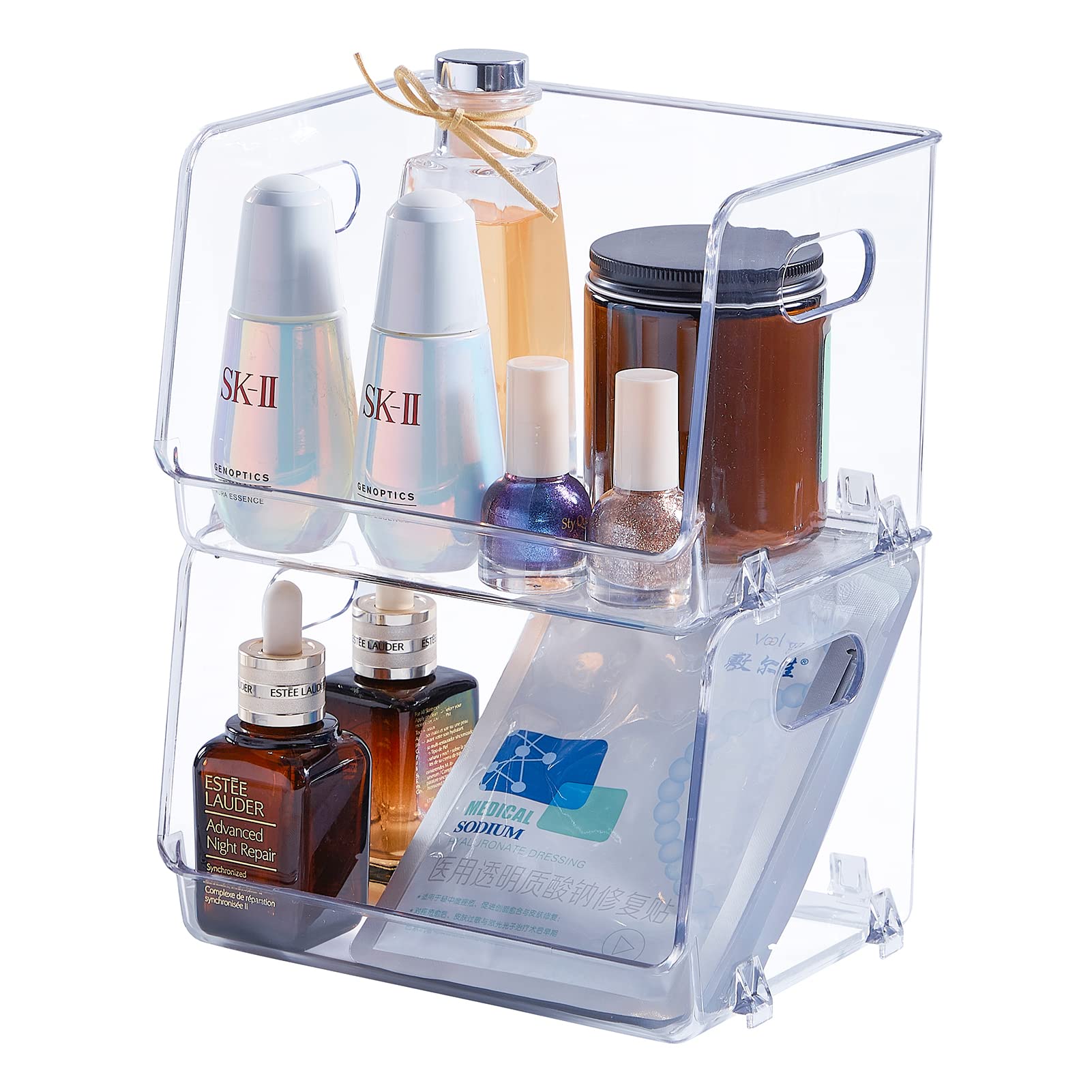 StarratS Clear Stackable Makeup Organizer for Cosmetics & Facial Masks - 2 Pack, Large Storage Display for Vanity, Dresser, Bathroom - Perfect for Beauty Product Organization & Small Space Storage
