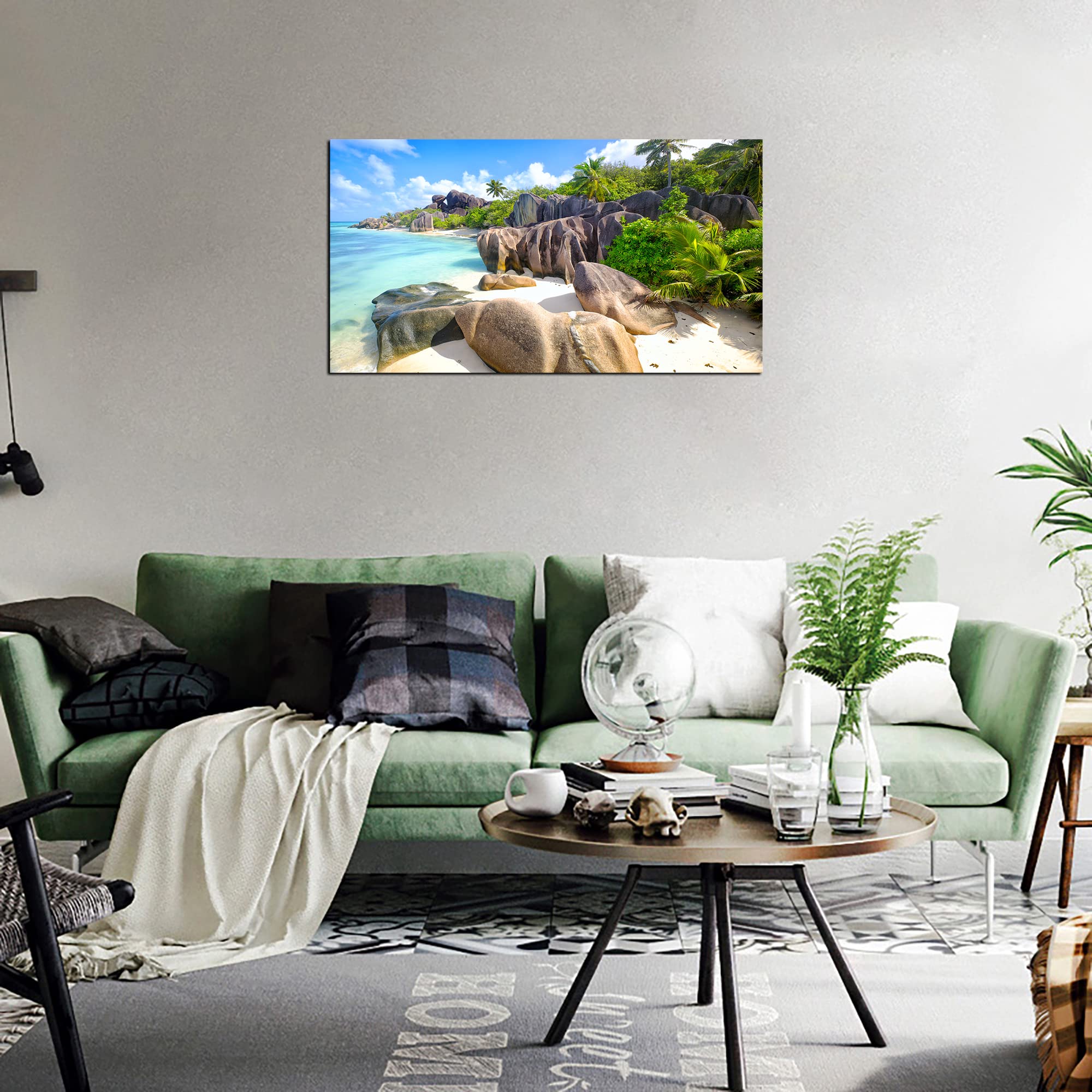 YP0775 Beach Wall Art - Stone Coconut Trees on Sands Seascape Painting - Tropical Nature Picture for Bedroom, Living Room & Office Decor - Perfect for Coastal, Vacation Home or Beach House Style