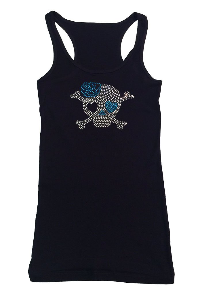 Women's Rhinestone Fitted Tight Snug Shirt with Skull and Blue Rose Design - Gothic Fashion Top for Night Out, Party, and Rock Concerts