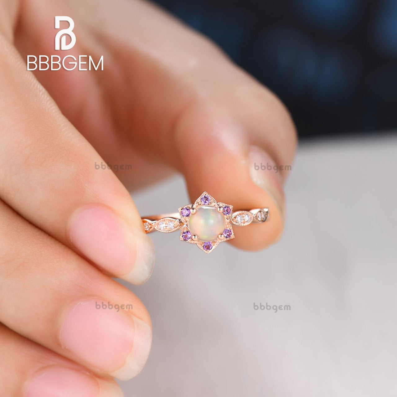 0.5 Carat Round Cut Opal & Amethyst Halo Engagement Ring in Rose Gold - Elegant Dainty Jewelry for Wedding, Proposal & Anniversary Gifts