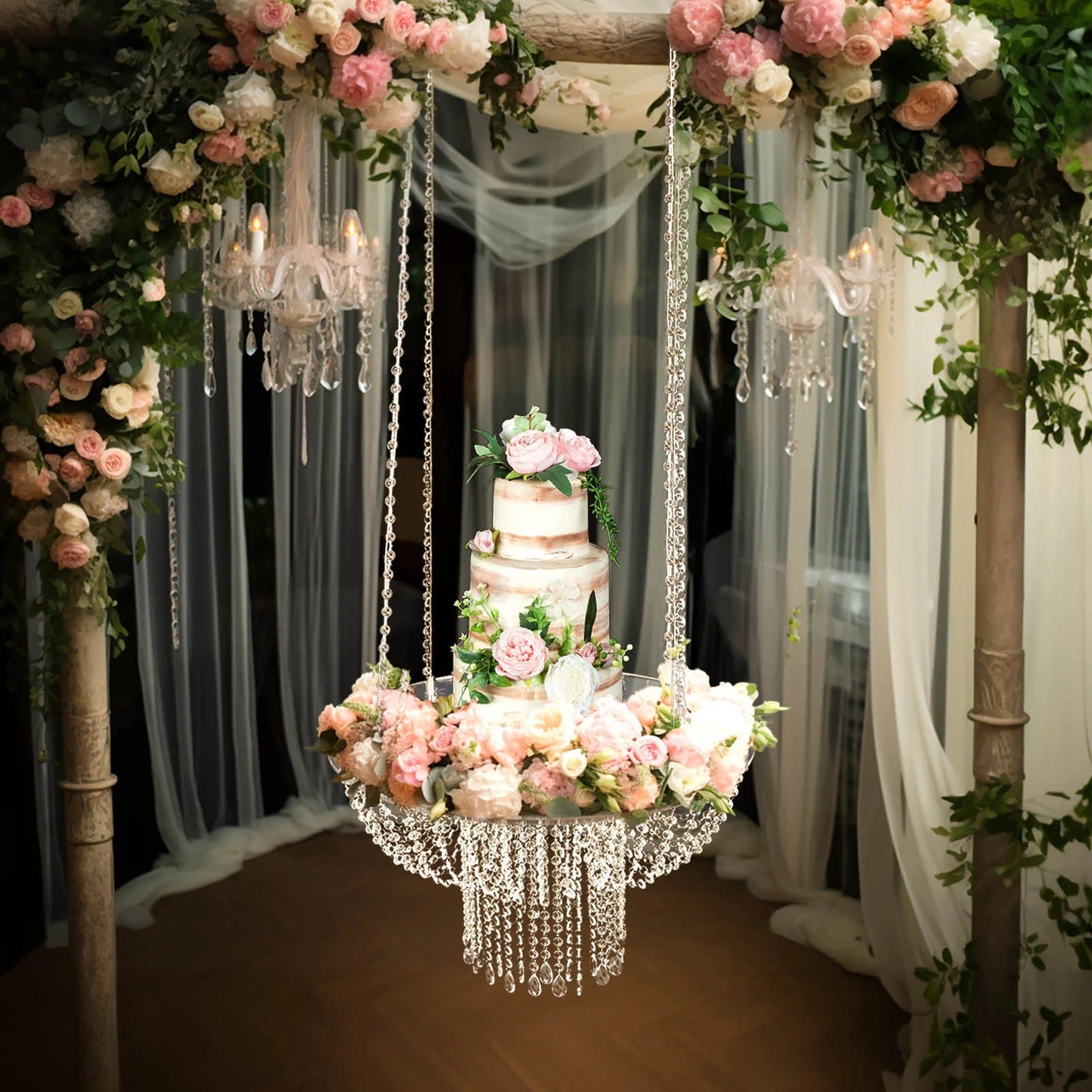 25 Round Acrylic Hanging Crystal Chandelier Cake Stand - Elegant Dessert Display for Weddings, Parties & Home Decor