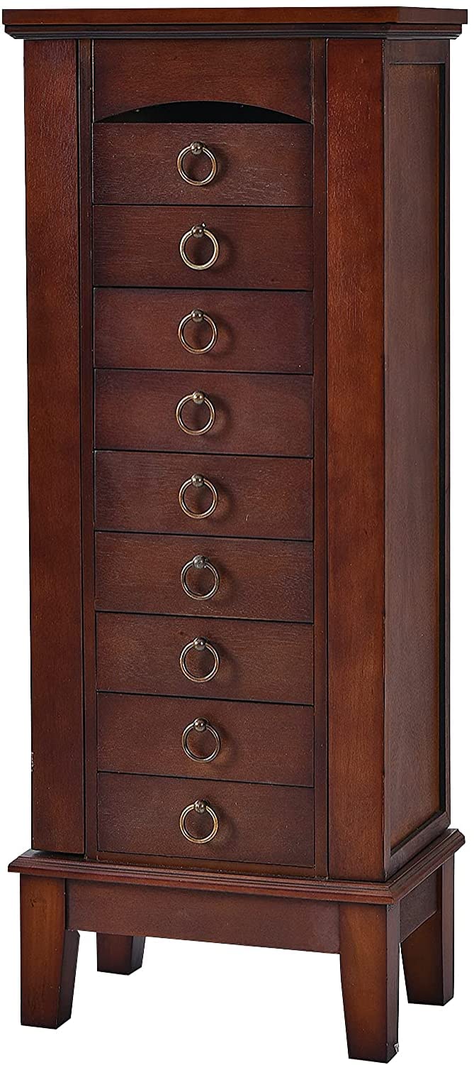 FANTASK Standing Jewelry Armoire Cabinet - Wooden Jewelry Storage Chest with Flip Top Mirror, 9 Drawers & 2 Side Doors - Large Bedroom Storage Organizer for Necklaces, Rings & Accessories - Perfect for Walk-in Closets, Dressing Rooms & Master Bedrooms (Walnut)
