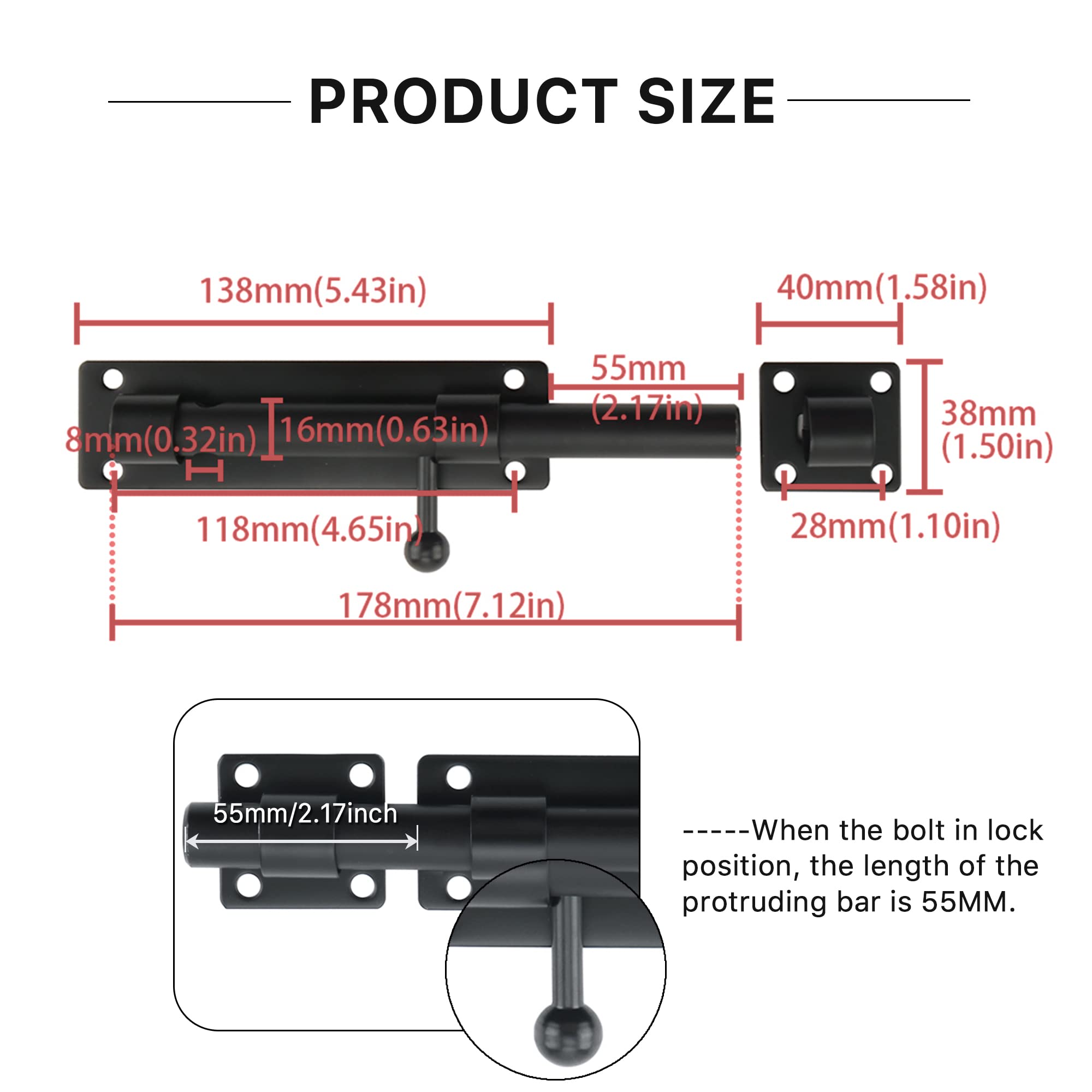 SAYAYO EMS9000-B Black Stainless Steel Door Bolt Lock - 180mm Heavy Duty Gate Latch for Security Gates, Windows & Fences | Weatherproof & Rust-Resistant for Outdoor Use