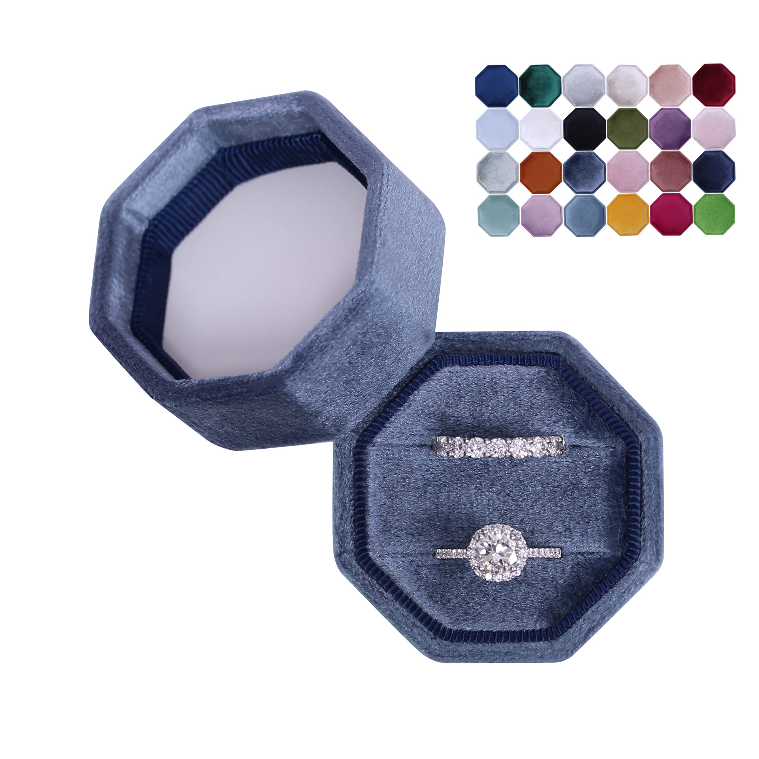 Velvet Jewelry Box with 2 Slots - Octagon Engagement & Wedding Ring Keepsake Box for Bridal Photos (Dusty Blue) | Perfect for Proposals, Vow Renewals & Anniversary Gifts
