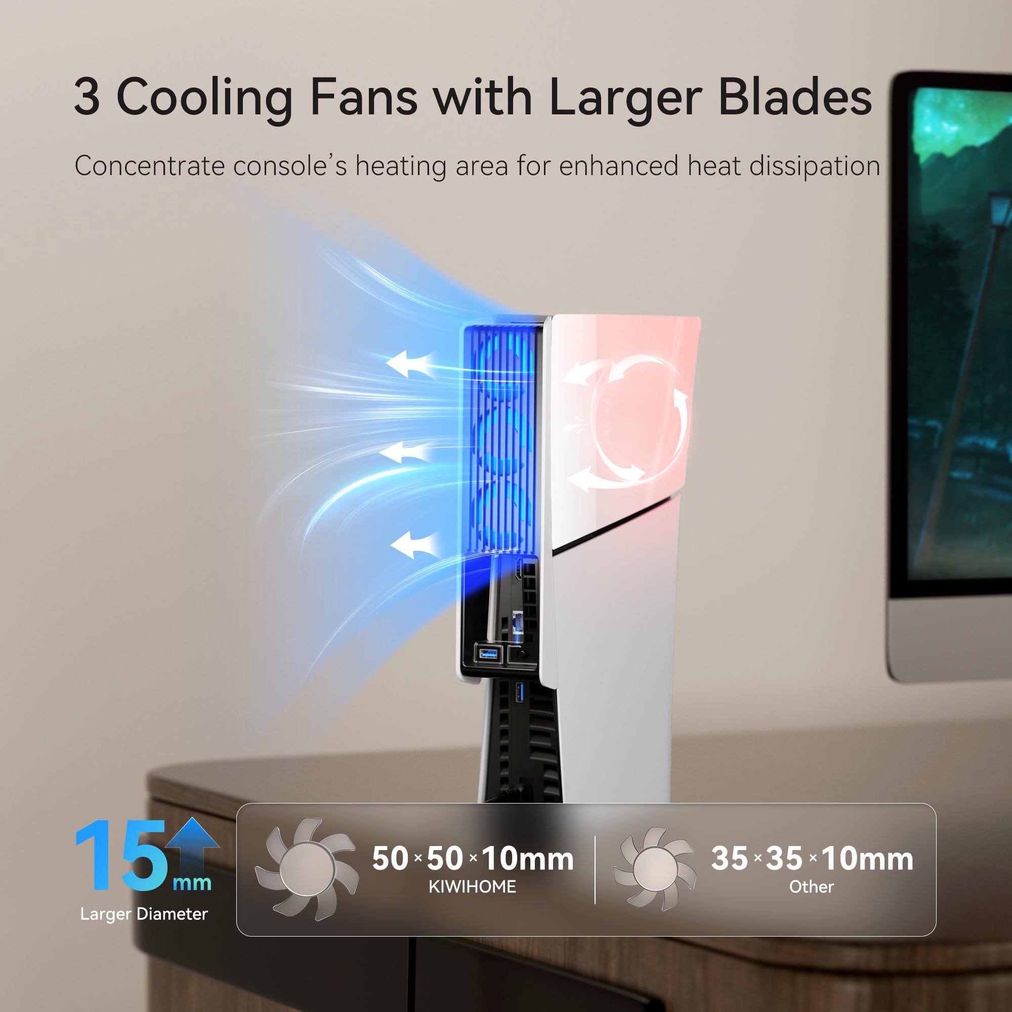 KIWIHOME PS5 Slim Cooling Fan with 3 Quiet Fans - Adjustable Speed & Smart Auto On/Off - USB 3.0 Cooling System for PS5 Slim Disc/Digital Edition - Perfect for Gaming Marathons & Hot Summer Days (Not Compatible with PS5 2020/PS5 Pro)