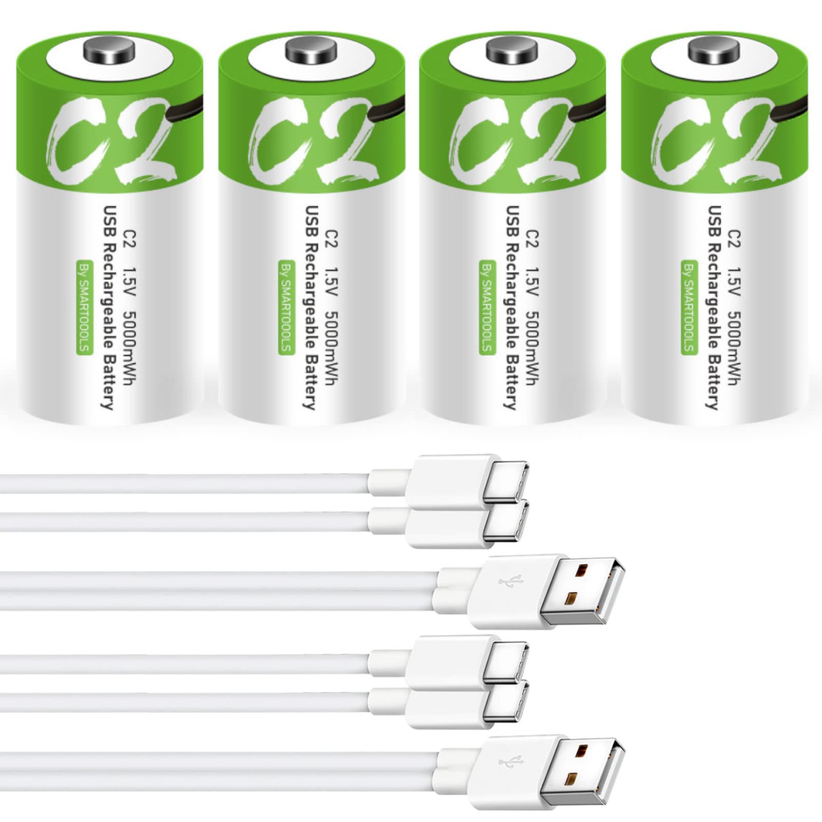 4 Pack Rechargeable C Batteries 5000mWh - 1.5V Lithium Ion C Cell Batteries with USB Type-C Charging for Flashlights, Toys, Clocks & Emergency Devices
