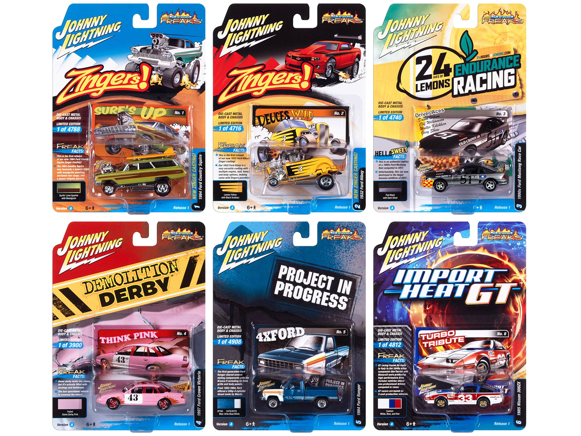 Johnny Lightning 1/64 Scale Diecast Model Cars - Street Freaks 2023 Set A (6-Piece Collection) - Perfect for Collectors, Display, and Racing Enthusiasts