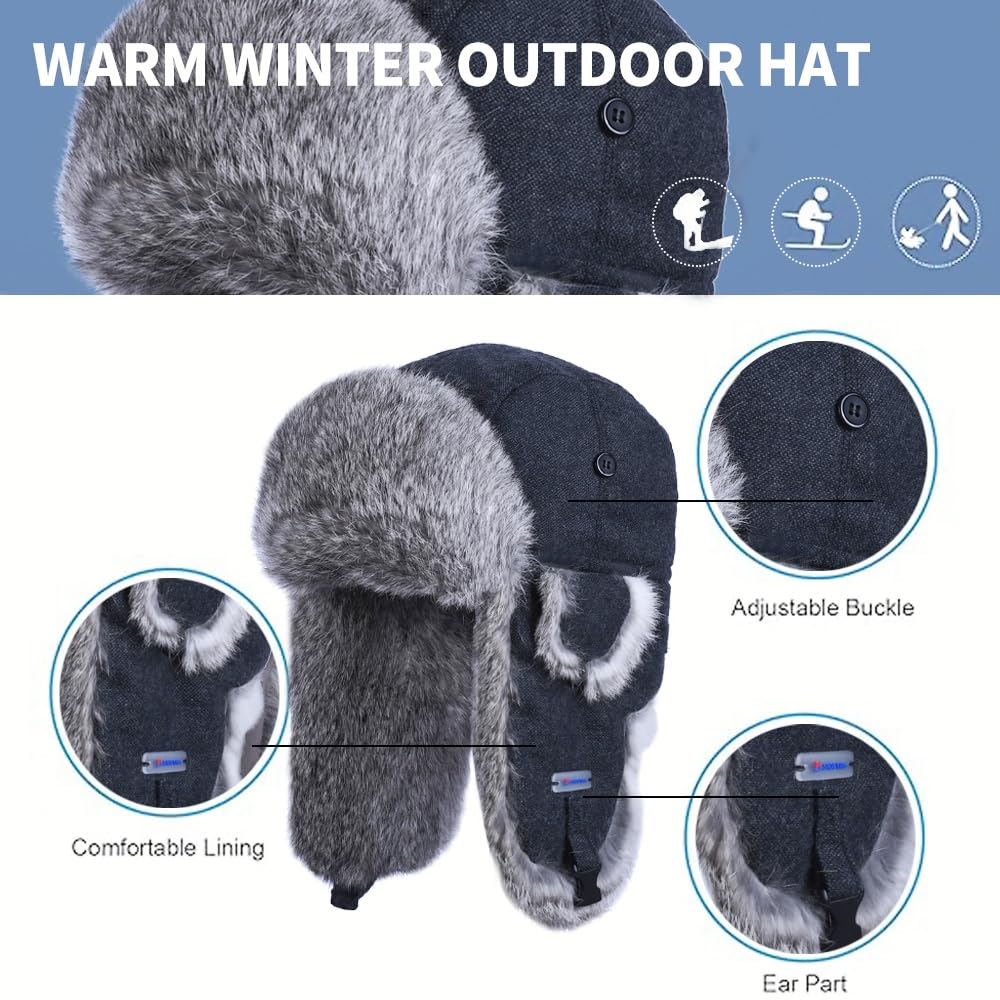 100% Real Rabbit Fur Russian Ushanka Winter Hat - Warm Aviator Trapper Hat with Ear Flaps for Hunting, Skiing & Outdoor Activities | Cozy Winter Accessory for Men & Women