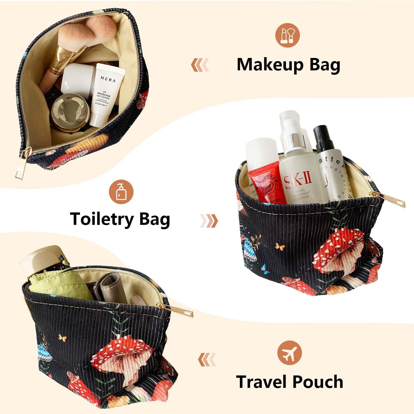 Cute Mushroom Makeup Bag with Zipper - Soft Cosmetic Pouch for Women | Halloween Christmas Gift & Travel Storage
