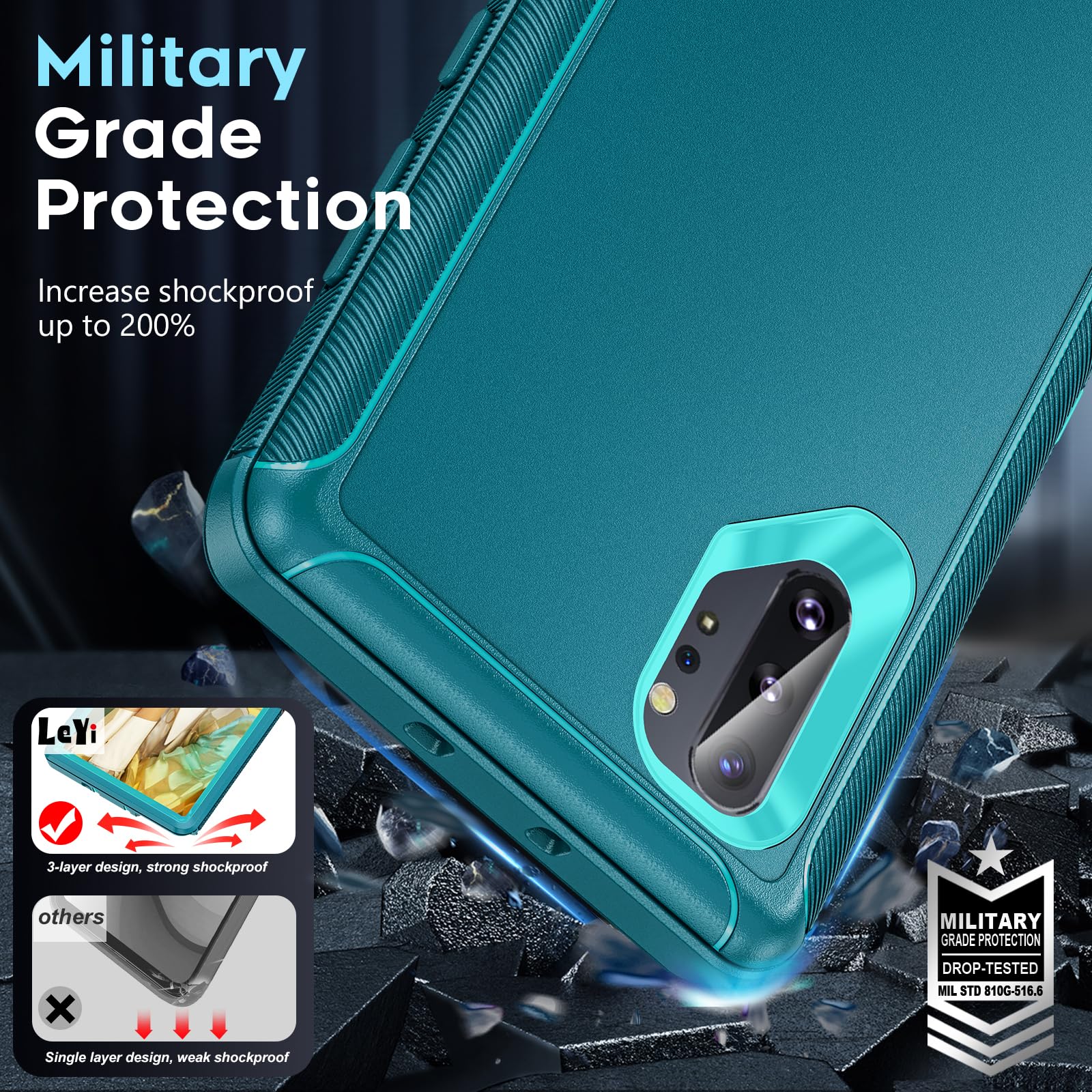 Samsung Galaxy Note 10 Plus Case - Military Grade Shockproof 3-in-1 Heavy Duty Phone Cover | Compatible with Note 10 Plus | Teal Color | Perfect for Outdoor Activities, Work & Travel Protection