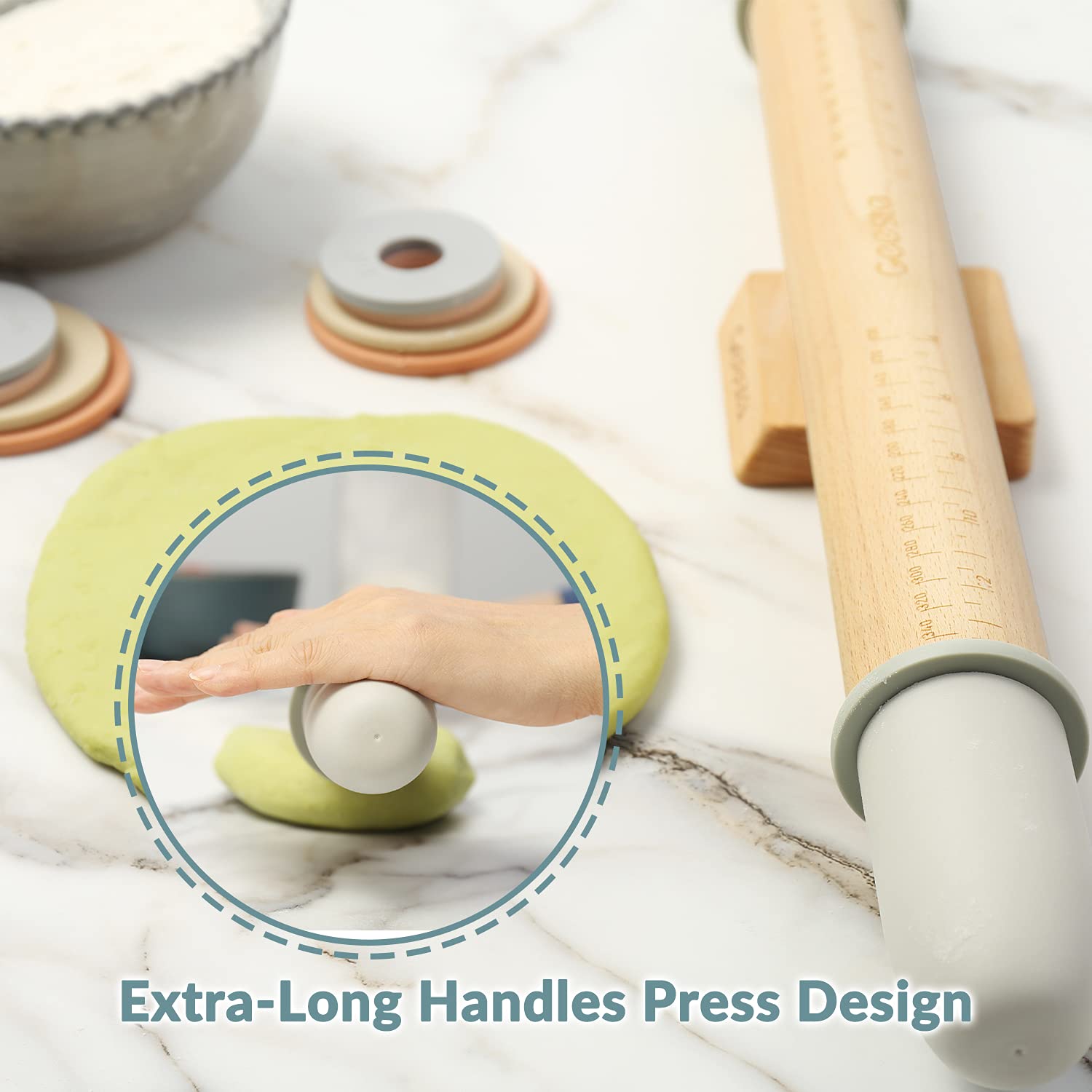 Geesta Adjustable Wood Rolling Pin with 5 Thickness Rings - Precise Dough Roller Handle Press with Measurement Guide for Baking Fondant, Pizza, Pie Crust, Cookies & Pastry | Perfect for Home Bakers, Professional Chefs & Cake Decorating Enthusiasts