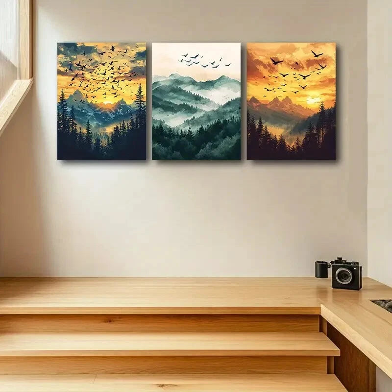 3-Piece Flock of Birds Flying Over Mountains Metal Wall Art - Ready to Hang Landscape Decor for Living Room, Bedroom & Office