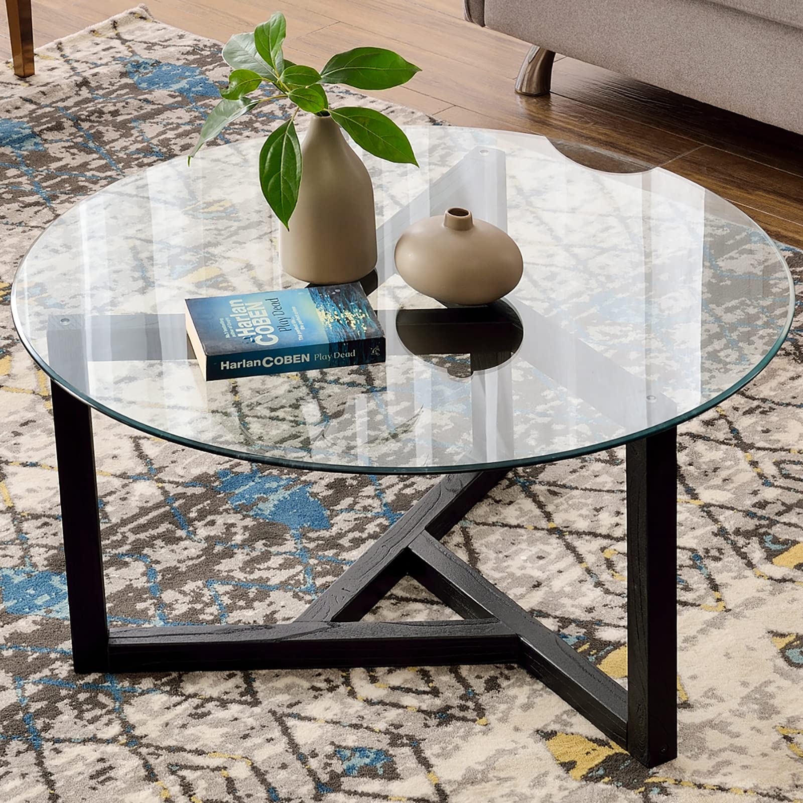 Modern Round Glass Coffee Table - Tempered Glass Top & Sturdy Wood Base - Minimalist Living Room Center Table - Easy Assembly - Espresso Finish - Perfect for Living Rooms, Offices & Reception Areas