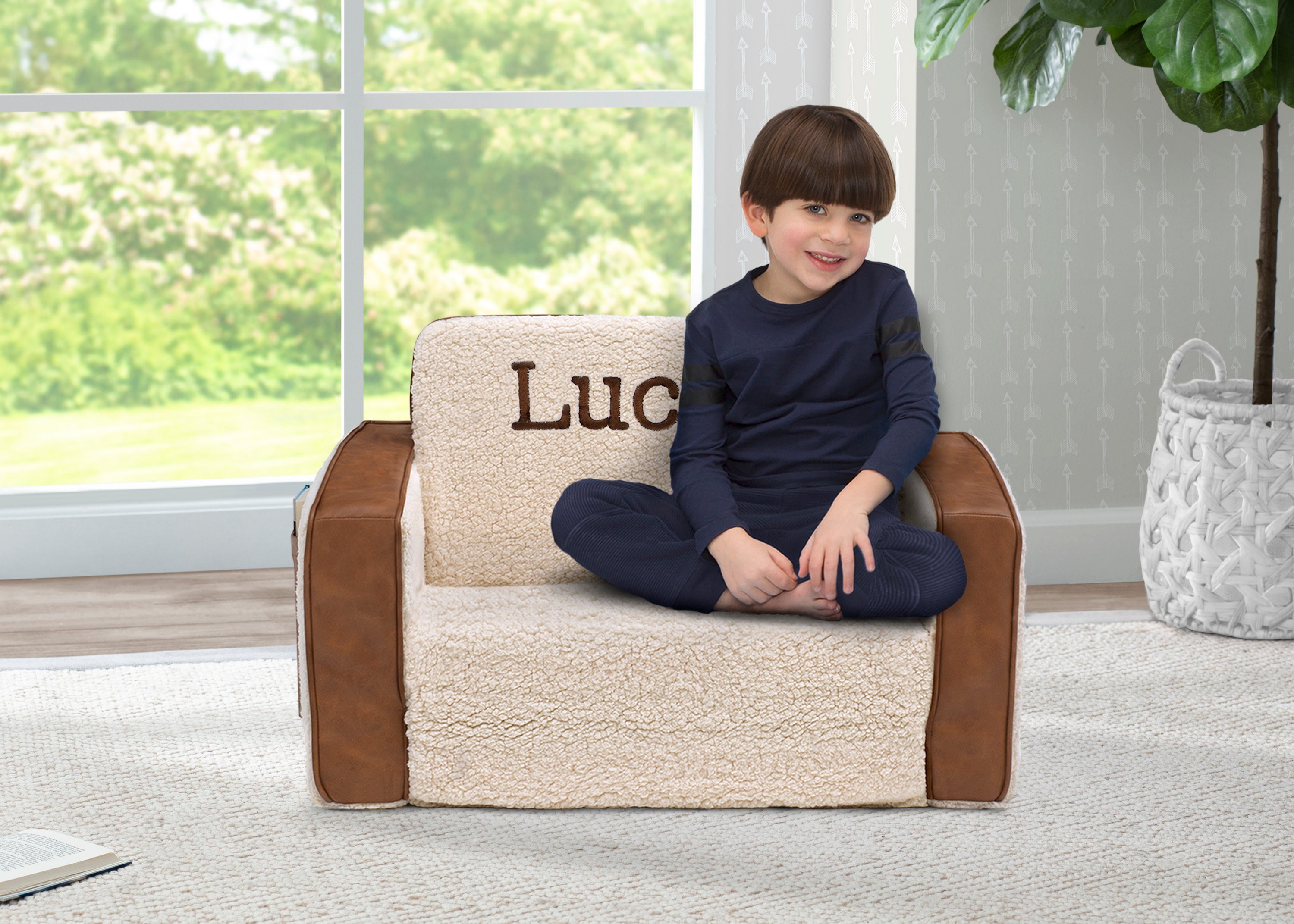 Personalized Cozee Flip Out Sherpa and Faux Leather 2-in-1 Convertible Chair to Lounger for Kids - Perfect for Bedroom, Playroom & Reading Nook Comfort
