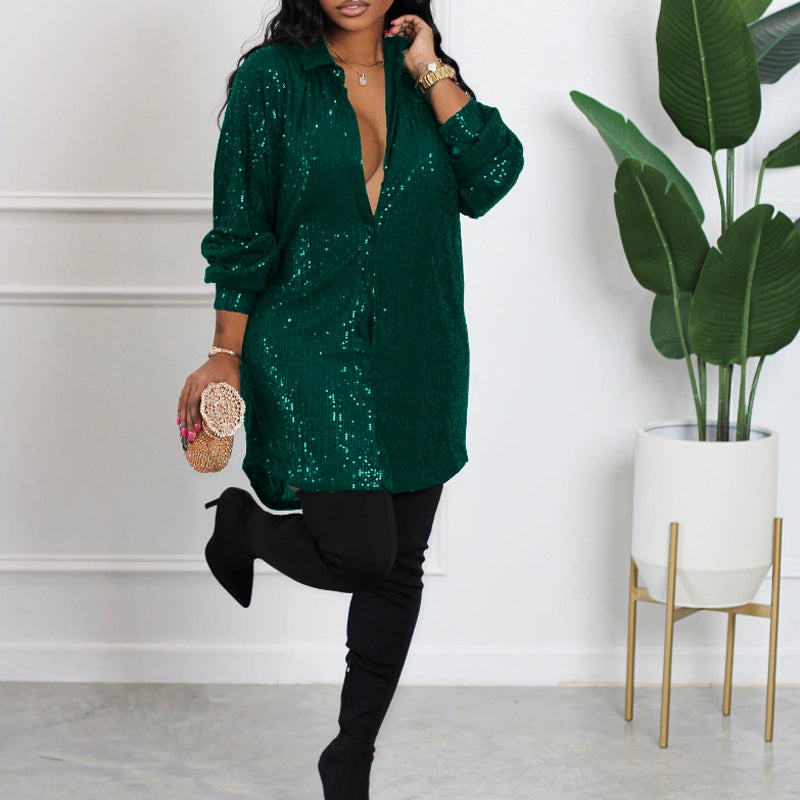 Elegant Solid Color Sequined Loose Shirt Dress for Women - Perfect for Parties, Weddings & Evening Events