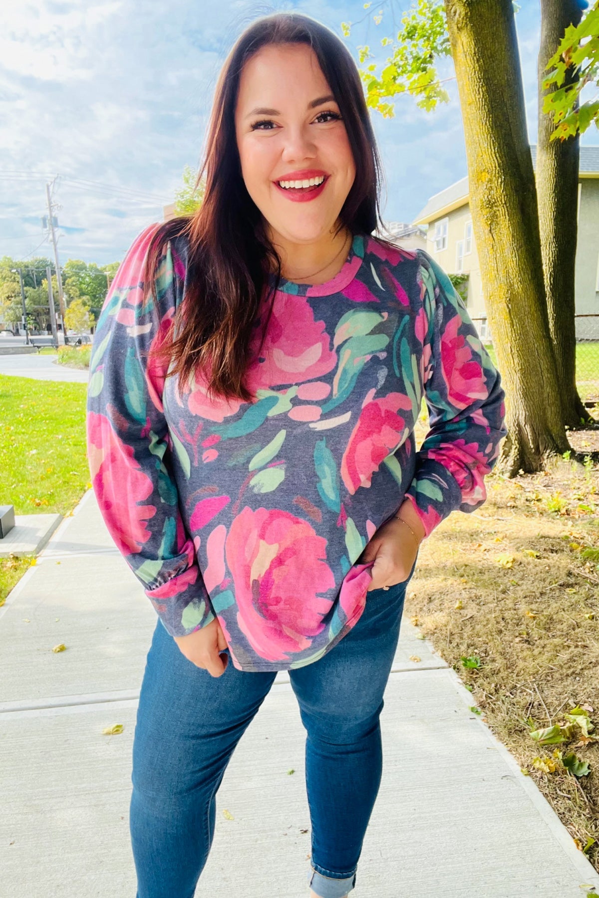 Navy Floral Brushed Hacci Sweater Top for Women - Soft Comfortable Knit Pullover for Fall & Winter | Perfect for Casual Outings, Office Wear & Date Nights