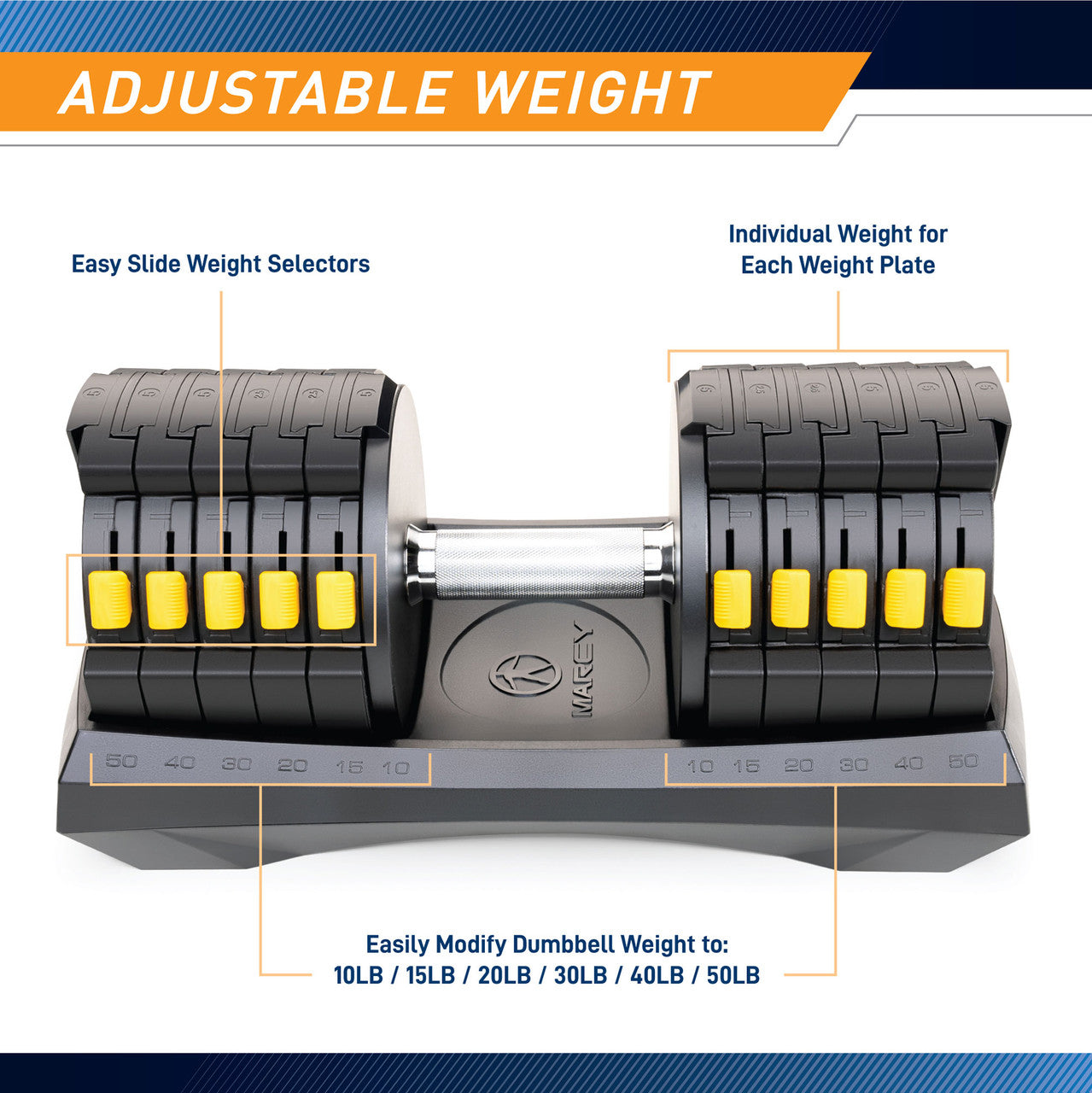 Marcy ADDB 6198 Adjustable Dumbbell Set - 6-in-1 Weight System up to 50lbs for Home Gym & Strength Training | Compact Space-Saving Design for Small Workout Areas